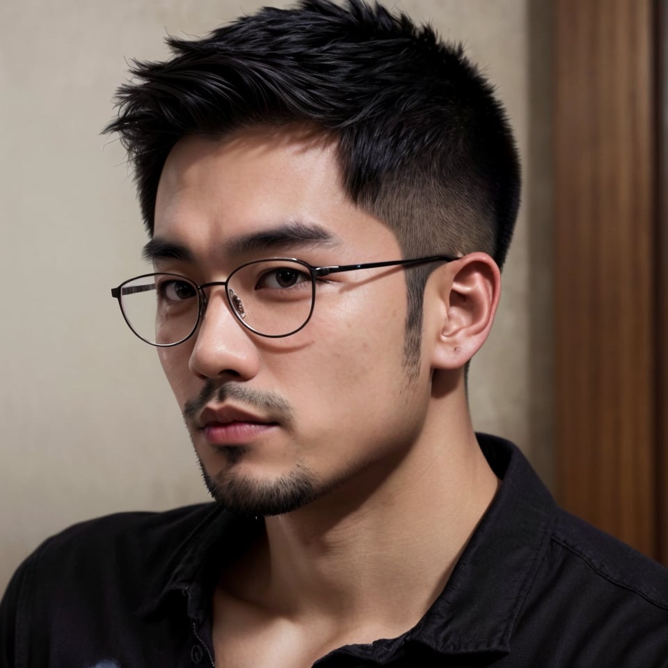 Asian man, handsome,round glasses, stubble ,portrait,Muscle