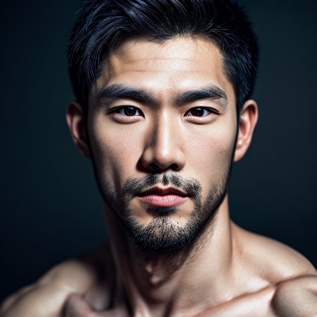 Asian man, handsome, stubble,Muscle,looking at me ,big eyes,realistic, photorealistic,photo,highly realistic,highly detailed ,full head