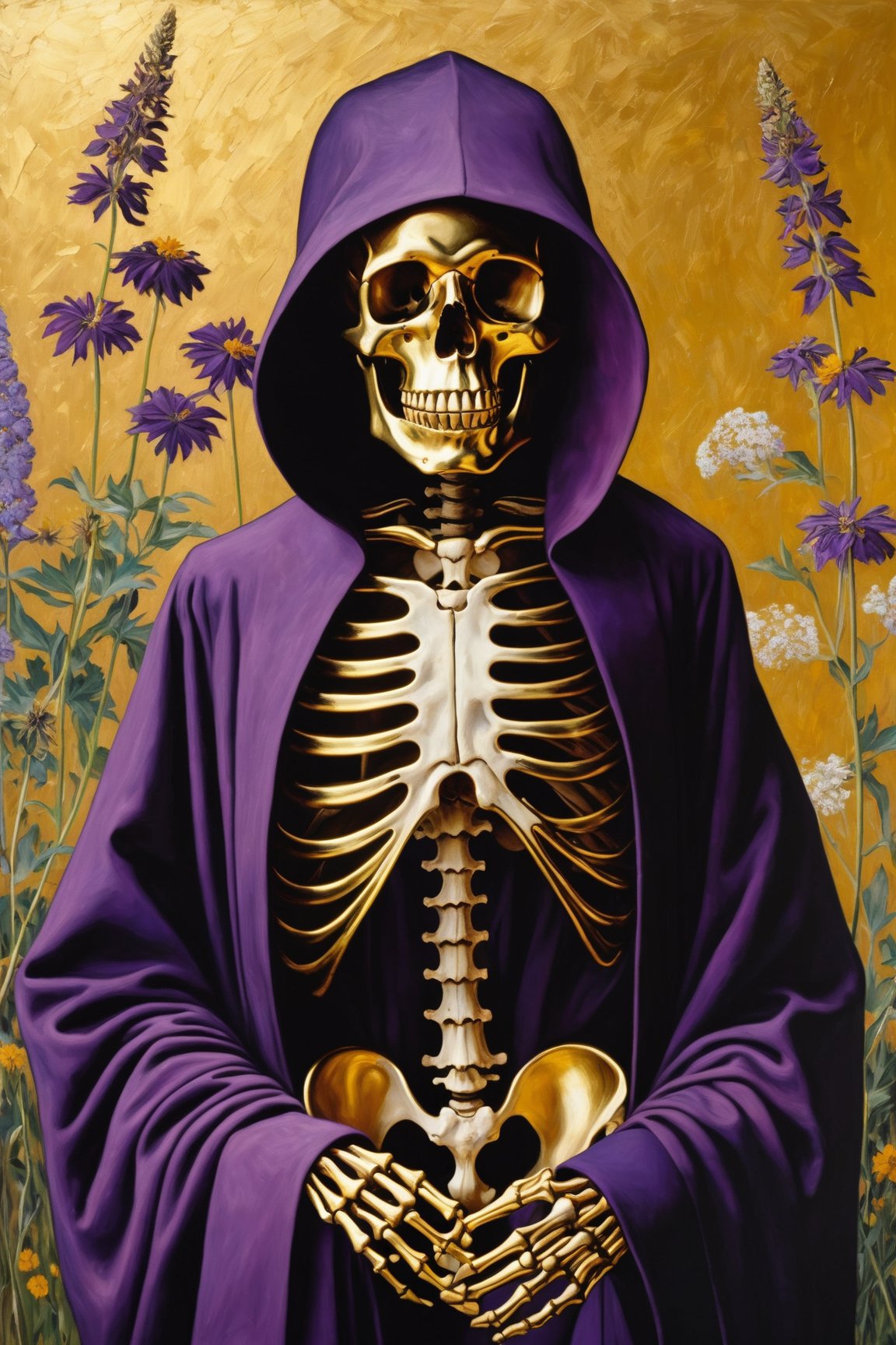 masterpiece, skeleton in a dark purple robe,hooded, light gold- colored beige background wildflowers, Natural Lighting Artists: Monet, Rene Magritte, Sandro Botticelli, Colors: Gold and purple