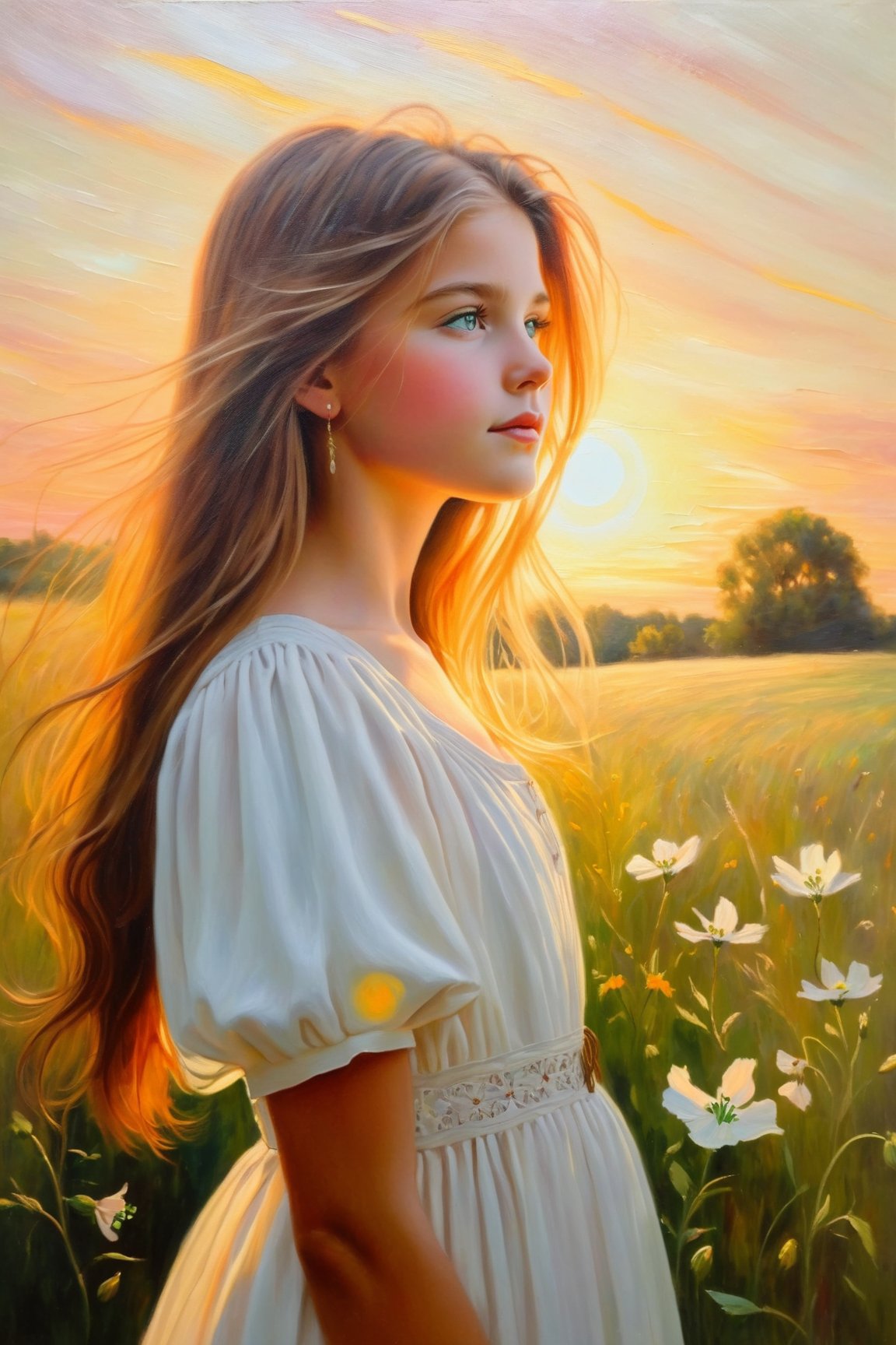 A young girl with long, flowing hair and piercing green eyes, dressed in a simple white dress, stands in a field of wildflowers. The sun is setting in the background, casting a warm golden glow over the scene. The girl's face is turned upwards, as if she is lost in thought. The painting is done in a soft, impressionistic style, with delicate brushstrokes and a focus on capturing the natural beauty of the scene. The title of the painting is 'Melancholy Memories