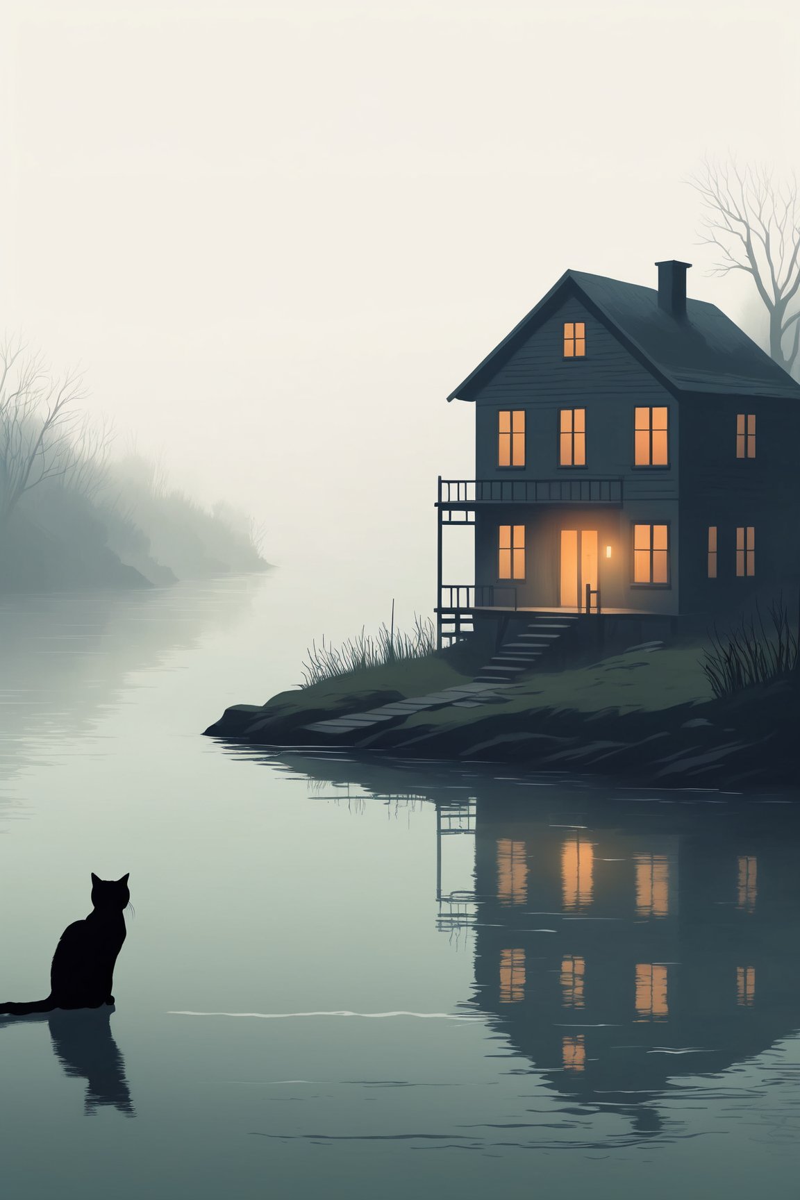 realistic,scary river, minimalist,A cat looks at a house on the opposite shore, foggy, alone, gloomy,











