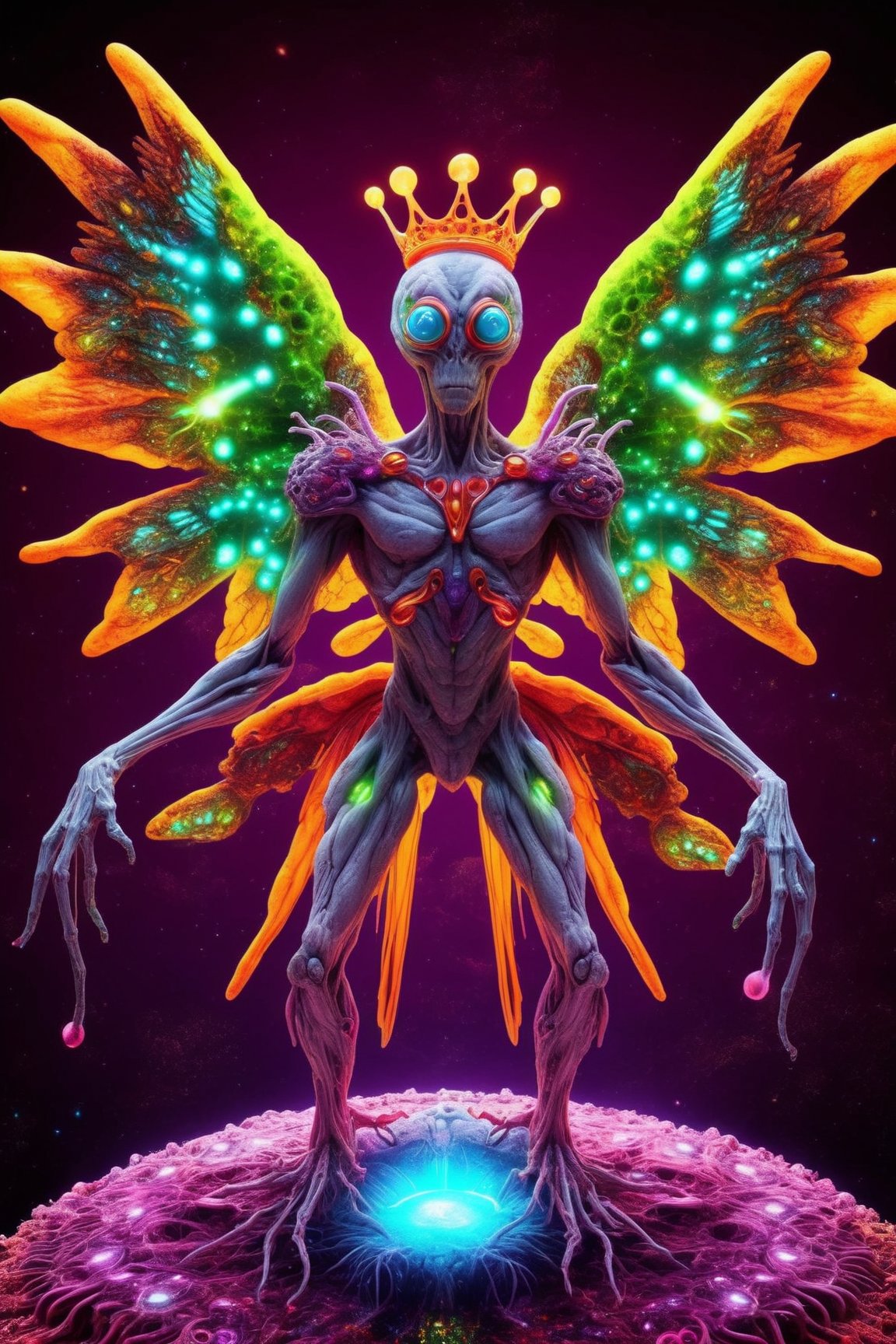 neon winged king, hematoid arbitrariumutoid, antigravity floating spores, fractalized eyes





