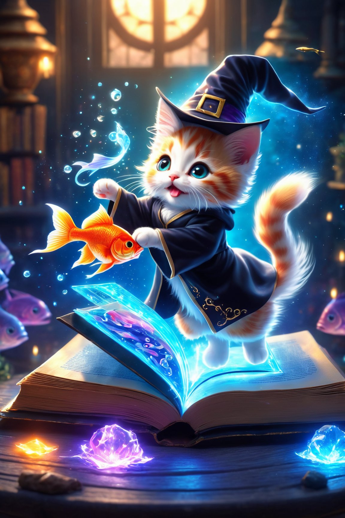 amazing quality, masterpiece, best quality, hyper detailed, ultra detailed, UHD, perfect anatomy, magic world, (kitten and fish:1.4), fish in the air, spell magic to get fresh fish as food,( fish jumping from magic book:1.3), energy flow, a full body of a cute kitten, kawaii, wearing witches robe, witches hat, holding magic book, magic book on one hand, spell magic, , hkmagic, , , , extremely detailed,  glowneon, glowing,
