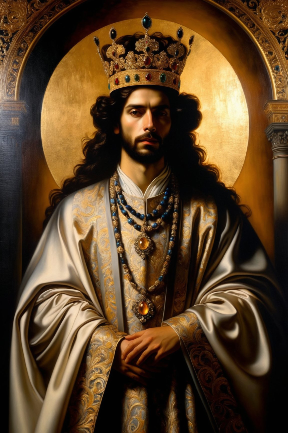 A highly detailed portrait of a regal monarch, adorned in a flowing robe of rich fabrics and embellished with intricate gold and silver designs. The painting is done in a refined oil painting style, with ethereal translucent layers that add depth and dimension to the image. The subject's enigmatic aura is captured through nuanced and detailed brushwork, while dramatic chiaroscuro illumination adds a sense of otherworldly grandeur. The painting is set against a subtle canvas texture, reminiscent of Gustav Klimt's decorative elegance, and features a ghostly serene presence that captivates the viewer. The image is a masterpiece, characterized by artistic finesse and a profound and moody backdrop that evokes the artistic techniques of Rembrandt and Caravaggio. The subject's eerily exquisite countenance and elaborate crown intricacies add to the painting's spectral monarch quality, while luminescent outlines and atmospheric profundity create a sense of otherworldly beauty. The painting is a true work of art, with a subtle blend of visible and vanishing edges that add to its spectral quality. The image is a true masterpiece, with a captivating eye contact that draws the viewer in and a whisper of ancient regality that adds to the painting's mystique.
