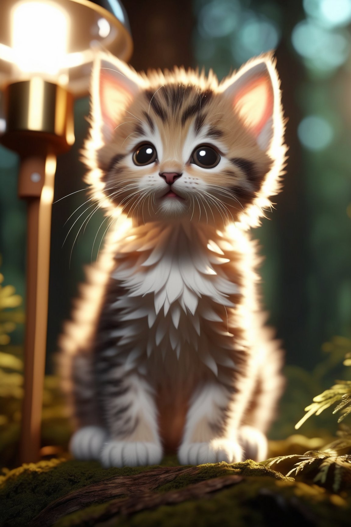 Very cute closeup photo of kitten sitting in the forest, Soft volumetric lamp (backlight: 1.3), (kinematics: 1.2), intricately details













