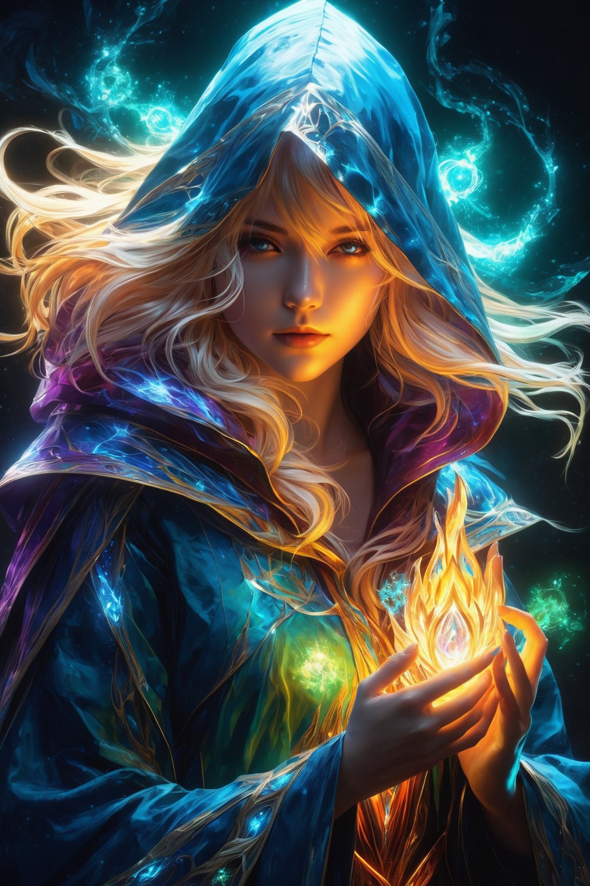 Masterpiece, Female Mage, hooded, blonde hair, hidden in the shadows, each hand creating fiery magic, brilliant brilliant colors, completely in frame, FULL BODY, radiating electric energy , shoulder length messy hair, Full body, Beautiful Anime waifu style girl, super detailed painting, illuminism, art by Carne Griffiths and Wadim Kashin concept art, 8k resolution, detail bioluminescent fractal isometric, 3d rendered, octane rendered, intricately detailed, cinematic, trending on the art station Awesome full-color, hand-drawn, hyper-realistic Isometric Centered cover, gritty, realistic, complex, impressive definition, cinematic, rough sketches, bold lines, on paper, vivid, epic, extremely high quality model



