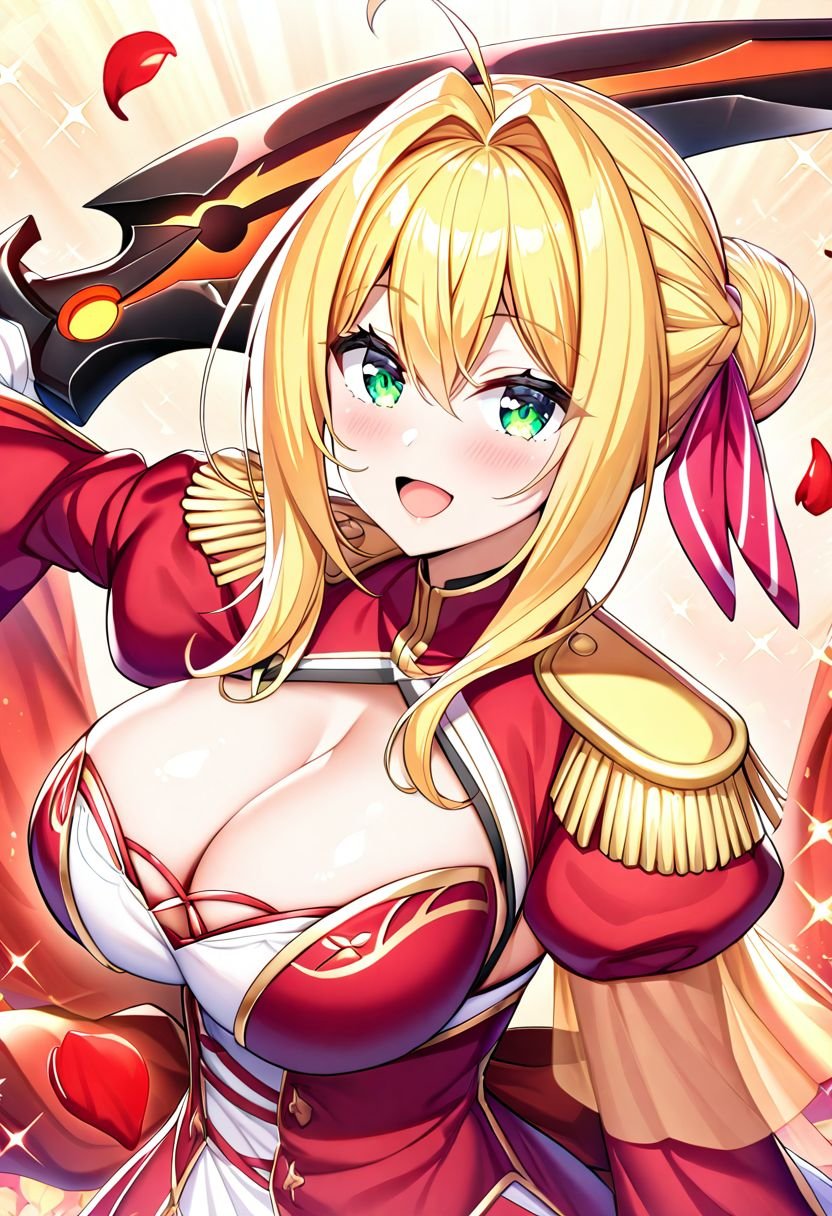 1girl,    hair intakes, red dress, puffy sleeves, upper body, blonde hair, :d, braid, outstretched arm, sword, petals, sidelocks, aestus estus, looking at viewer, dress, breasts, juliet sleeves, wide sleeves, shrug \(clothing\), single hair bun, hair bun, epaulettes, red ribbon, long hair, blush, french braid, smile, ahoge, long sleeves, green eyes, open mouth, sparkle, weapon, hair ribbon, hair between eyes, ribbon, large breasts, rose petals, solo, cleavage, see-through, very aesthetic, masterpiece, best quality, absurdres, sensitive