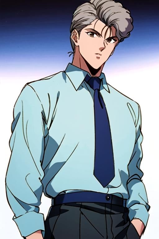 masterpiece, best quality, sketch, 1boy, male focus, hazel eyes, gray hair, businessman costume, solo, looking at viewer, , depth of field, anime coloring, realistic, gradient, HDR, <lora:yu_yu_hakusho_style:1>, yu_yu_hakusho_style