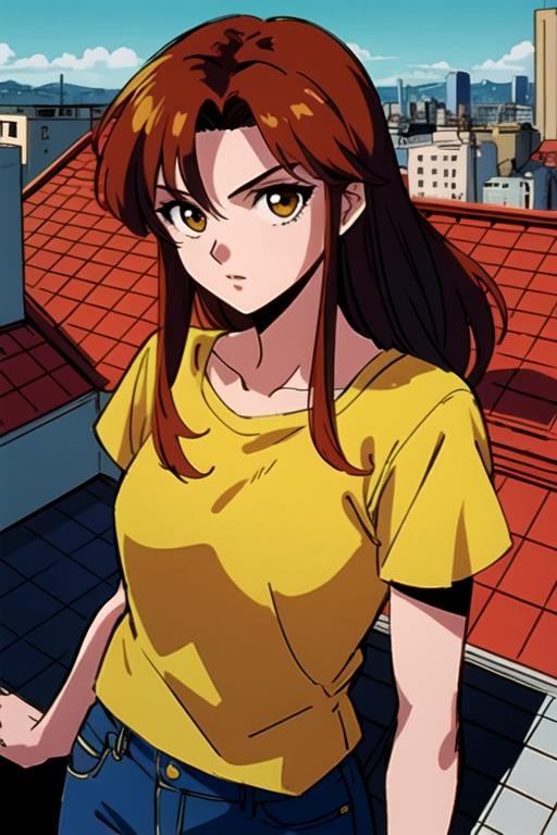 masterpiece, best quality, sketch, 1girl, yellow eyes, auburn hair,, solo, looking at viewer, , , ligne claire, , rooftop, , <lora:yu_yu_hakusho_style:0.8>, yu_yu_hakusho_style