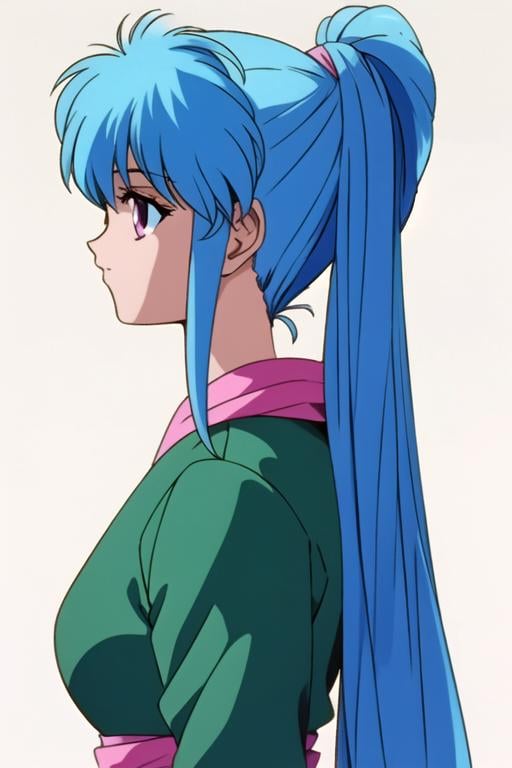 masterpiece, best quality, 1girl, blue hair, pink eyes, long hair, ponytail, <lora:yu_yu_hakusho_style:0.92>, yu_yu_hakusho_style