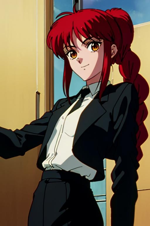 masterpiece, best quality, movie still, 1girl, <lora:chainsaw makima s1-lora-nochekaiser:0.65>, makima, long hair, smile, bangs, (small breasts:1.2), (yellow eyes:1.2), braid, red hair, braided ponytail, ringed eyes, shirt, long sleeves, jacket, white shirt, necktie, collared shirt, pants, black jacket, black pants, formal, suit, black necktie, shirt tucked in, office lady, solo, looking at viewer, upper body, , anime coloring, , dieselpunk, 4k resolution, <lora:yu_yu_hakusho_style:0.88>, yu_yu_hakusho_style