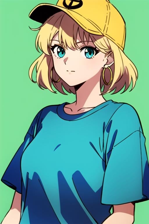 masterpiece, best quality, 1girl,aqua eyes, baseball cap, blonde hair, closed mouth, earrings, green background, hat, hoop earrings, jewelry, looking at viewer, shirt, short hair, simple background, solo, upper body, yellow shirt, <lora:yu_yu_hakusho_style:0.72>, yu_yu_hakusho_style