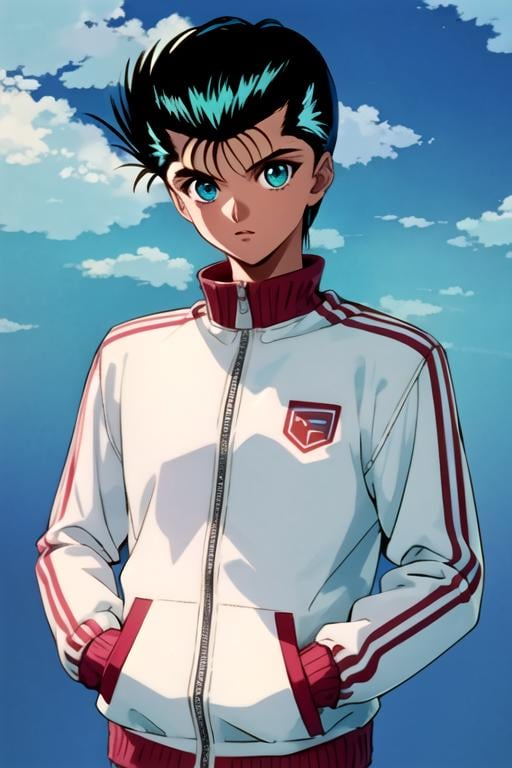 masterpiece, best quality, photorealistic, 1boy, male focus, turquoise eyes, brown hair, track jacket, hat, solo, looking at viewer, upper body, , , , , Blu-ray, <lora:yu_yu_hakusho_style:0.94>, yu_yu_hakusho_style