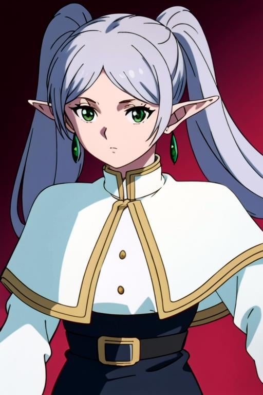 masterpiece, best quality, game cg, 1girl, <lora:frierenv2-lora-nochekaiser:0.65>, frieren, long hair, twintails, (green eyes:1.5), grey hair, pointy ears, elf, shirt, long sleeves, jewelry, pantyhose, earrings, striped, black pantyhose, capelet, striped shirt, solo, looking at viewer, upper body, , anime coloring, , Hive minds- Coordinated entities exhibiting synchronized movements and a shared visual connection., , <lora:yu_yu_hakusho_style:0.96>, yu_yu_hakusho_style