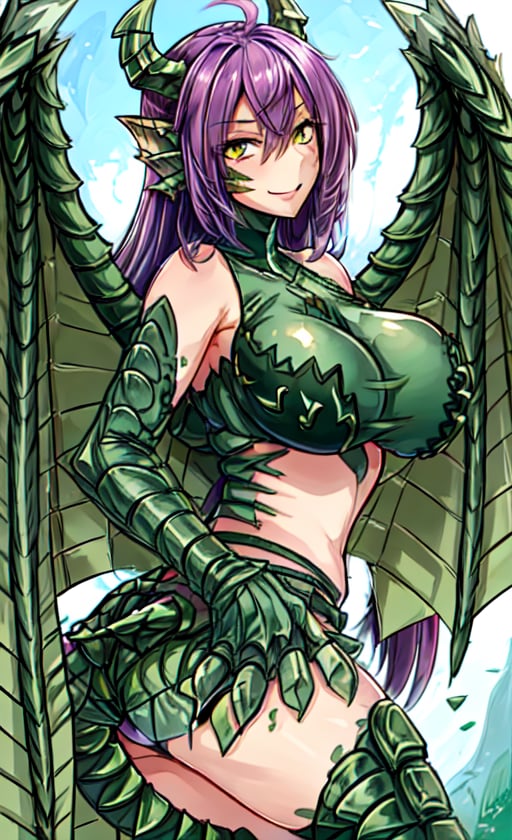 1 girl, solo, long hair, breasts, looking at viewer, best quality, high resolution, perfect lighting, bold smile, big breasts, bare shoulders, tail, yellow eyes, purple hair, wings, horns, fire, monster girl, claws , dragon horns, animal hands, dragon girl, dragon, dragon tail, scales, head fins, dragon wings, green wings, green reptile hands, green scale, reptile hands, monster girl, dragon girl, hand green reptile, forest, day, outdoors,Green reptile hands