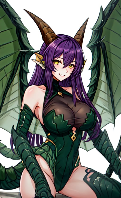 1 girl, solo, long hair, breasts, looking at viewer, best quality, high resolution, perfect lighting, bold smile, big breasts, bare shoulders, tail, yellow eyes, purple hair, wings, horns, fire, monster girl, claws , dragon horns, animal hands, dragon girl, dragon, dragon tail, scales, head fins, dragon wings, green wings, green reptile hands, green scale, reptile hands, monster girl, dragon girl, hand green reptile,Monster girl,Dragon girl