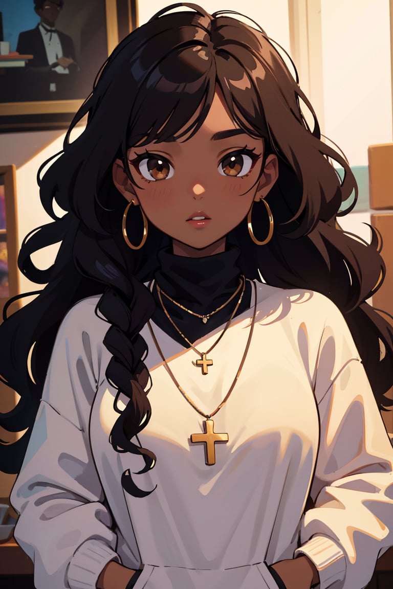 (best quality, 4k, 8k, highres, masterpiece:1.5), ultra-detailed,anime, 1girl,solo,long hair,looking at viewer,black hair,brown eyes,jewelry,upper body,earrings,dark skin,necklace,sweater,dark-skinned female,lips,cross,curly hair,hoop earrings,hands in pockets,black sweater,cross necklace,big hair,very dark skin,fashion