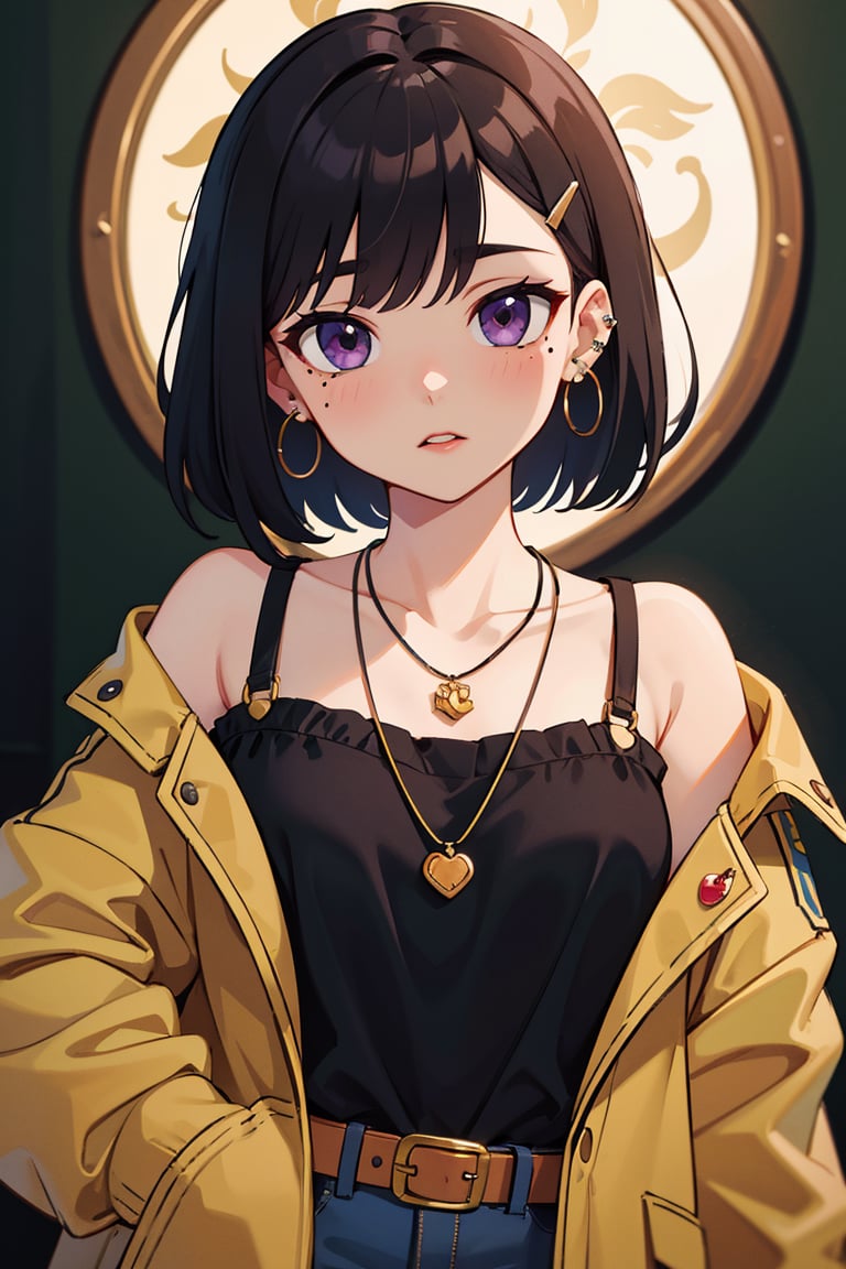 (best quality, 4k, 8k, highres, masterpiece:1.5), ultra-detailed,anime, 1girl,solo,looking at viewer,blush,bangs,shirt,black hair,hair ornament,long sleeves,jewelry,purple eyes,jacket,white shirt,upper body,earrings,open clothes,hairclip,belt,medium hair,necklace,off shoulder,mole,open jacket,mole under eye,piercing,ear piercing,pendant,black belt,hoop earrings