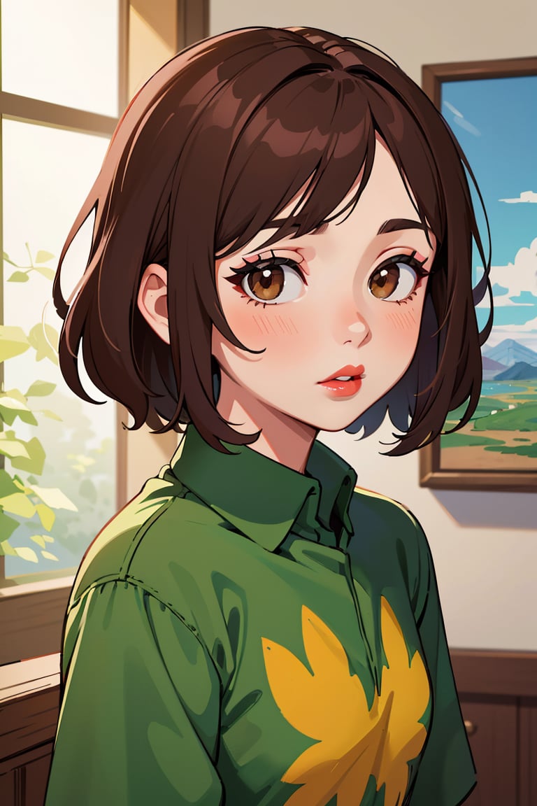 (best quality, 4k, 8k, highres, masterpiece:1.5), ultra-detailed,anime, 1girl,solo,looking at viewer,blush,short hair,brown hair,shirt,brown eyes,upper body,parted lips,indoors,medium hair,lips,makeup,lipstick,portrait,green shirt,red lips