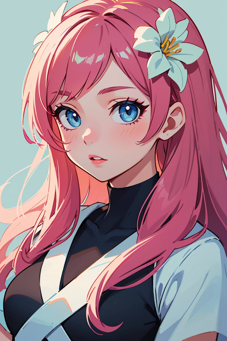 (Detailed Lights, Detailed Shadows), 1girl, Pink Colored Hair, Close-up, Portrait, (Light Blue Colored Eyes), Extremely Detailed Clothes, ((Modern Clothes)), Beautiful Hair, Muscular, Hair Down, Extremely Detailed Background, Beautiful Background, (Long Hair), MakeUp, Pokemon Trainer, A White Flower on the Head