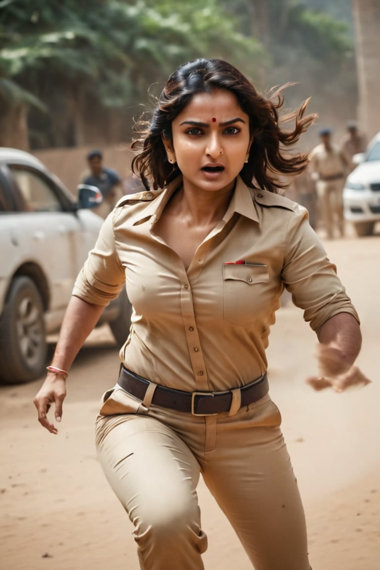 epic cinematic shot of dynamic portrait of Akshi Choudhry in motion beating a criminal. main subject of high budget action movie. raw photo, motion blur. best quality, high resolution