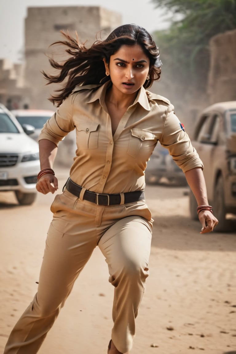 epic cinematic shot of dynamic portrait of Akshi Choudhry in motion beating a criminal. main subject of high budget action movie. raw photo, motion blur. best quality, high resolution