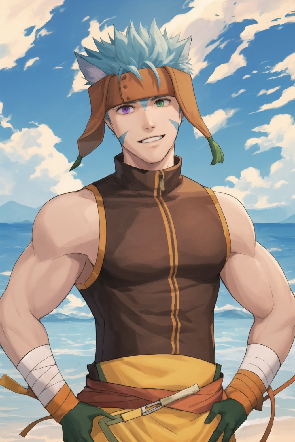 (masterpiece, best quality:1.2), , cowboy shot, solo, male focus, 1boy, ranulf, facial mark, smile, looking at viewer, , headband, heterochromia, purple eyes, green eyes, sleeveless, (gloves:1.1), in topless, shorts, one hand on hip, one on back of neck, focus on pecs, focus on abs, no shirt ,Beautiful Beach