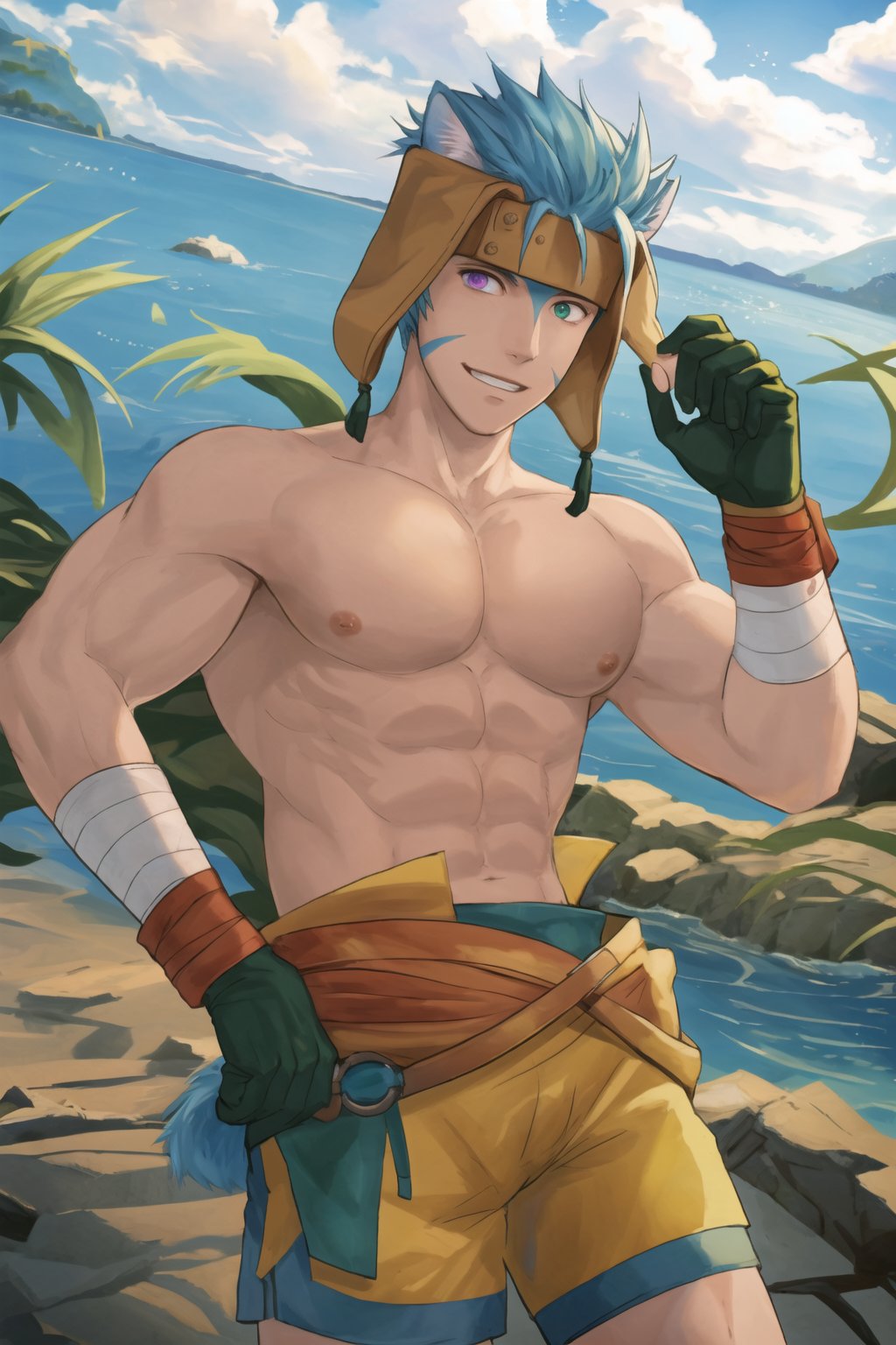 (masterpiece, best quality:1.2), , cowboy shot, solo, male focus, 1boy, ranulf, facial mark, smile, looking at viewer, , headband, heterochromia, purple eyes, green eyes, (gloves:1.1), topless, shorts, one hand on hip, one on back of neck, focus on pecs, focus on abs, no shirt ,Beautiful Beach