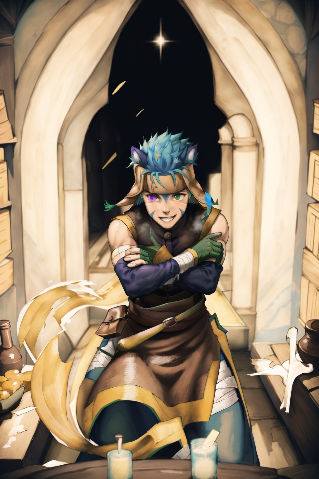 (masterpiece, best quality:1.2), , cowboy shot, solo, male focus, 1boy, ranulf, facial mark, smile, looking at viewer, crossed arms, headband, heterochromia, purple eyes, green eyes, sleeveless, (gloves:1.1), bandages,renaissance_alchemist_studio