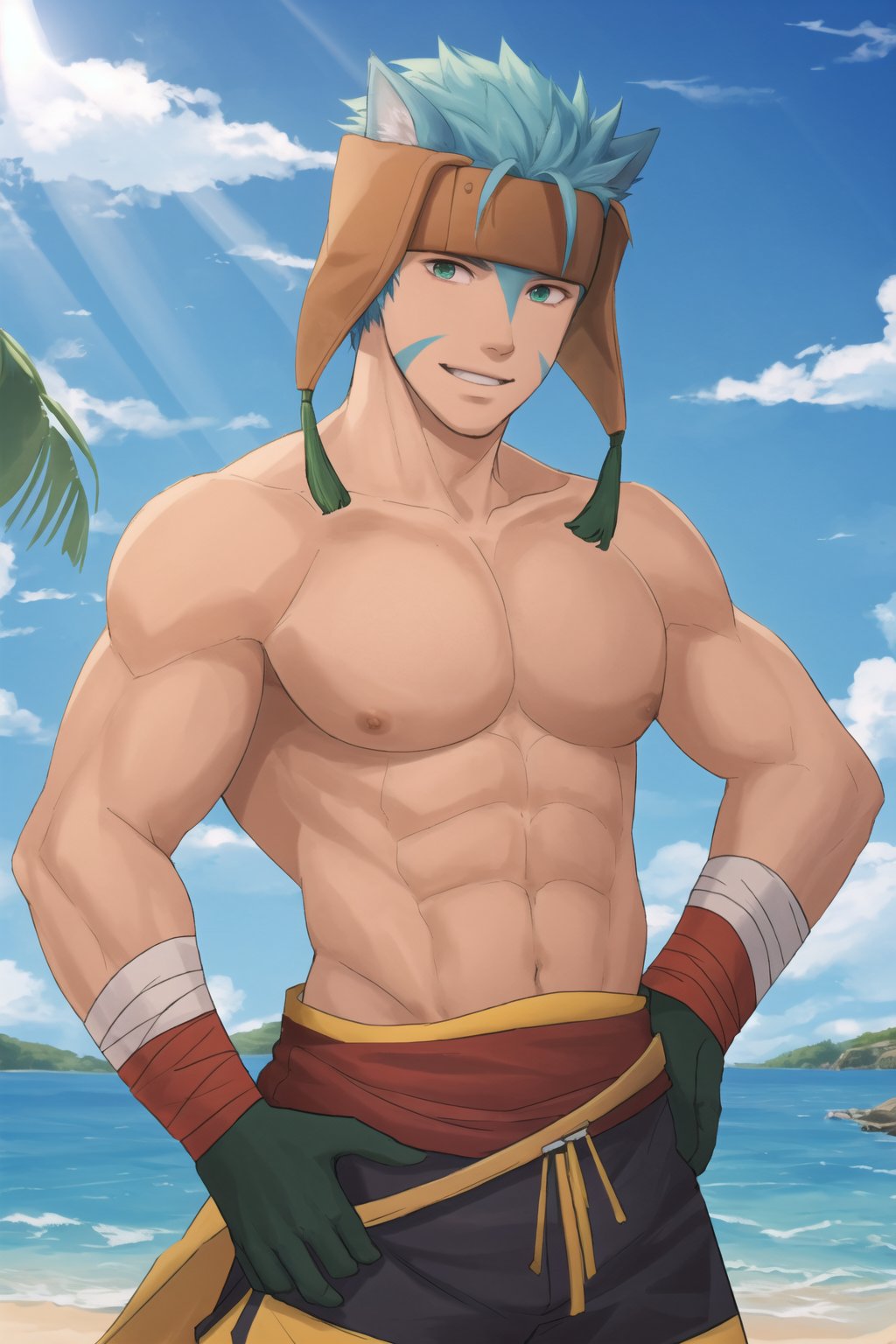 (masterpiece, best quality:1.2), , cowboy shot, solo, male focus, 1boy, ranulf, facial mark, smile, looking at viewer, , headband, heterochromia, purple eyes, green eyes, (gloves:1.1), topless, shorts, one hand on hip, one on back of neck, focus on pecs, focus on abs, no shirt ,Beautiful Beach