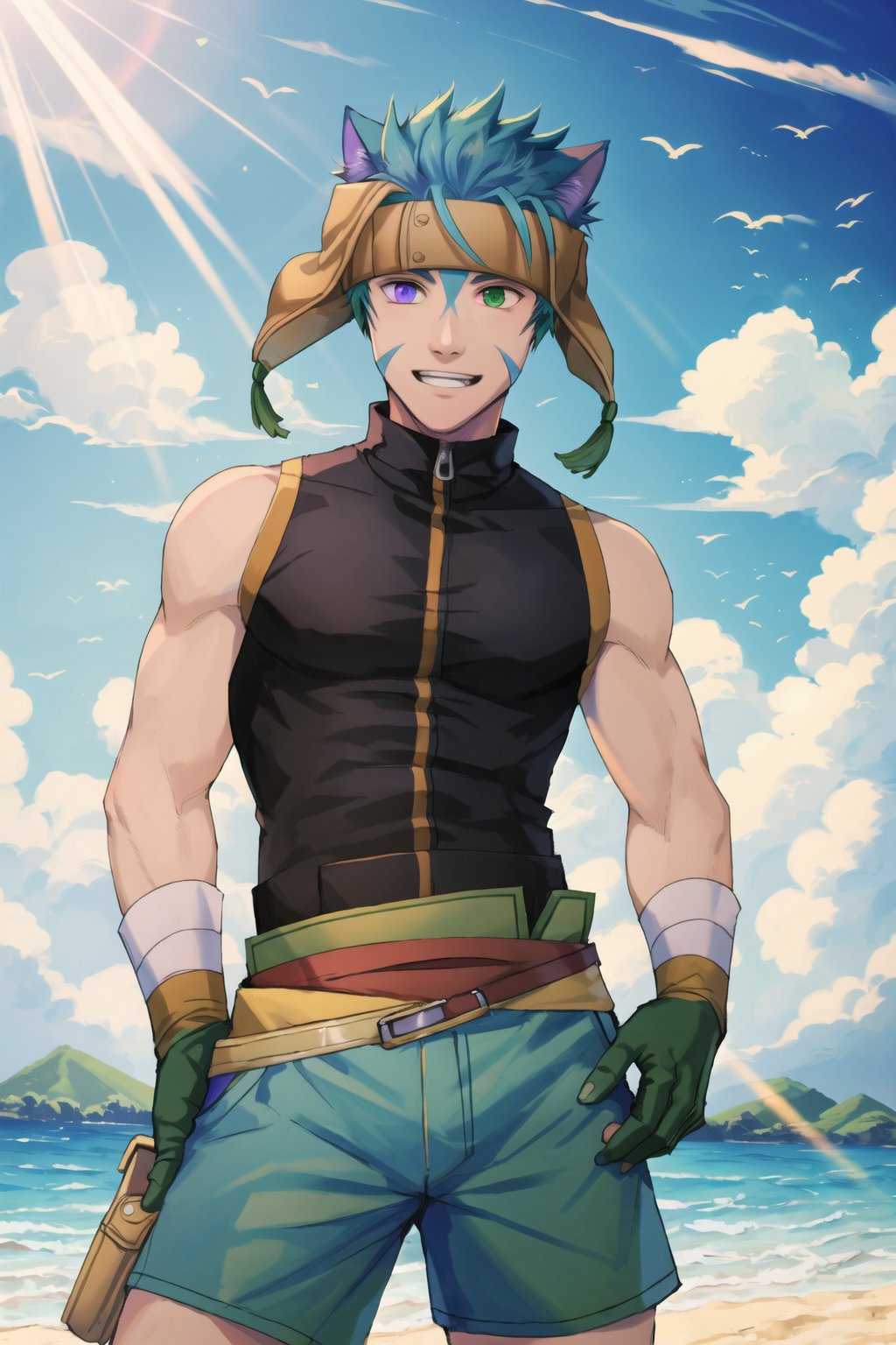 (masterpiece, best quality:1.2), , cowboy shot, solo, male focus, 1boy, ranulf, facial mark, smile, looking at viewer, , headband, heterochromia, purple eyes, green eyes, sleeveless, (gloves:1.1), in topless, Bermuda shorts, one hand on hip, one on back of neck, Beautiful Beach