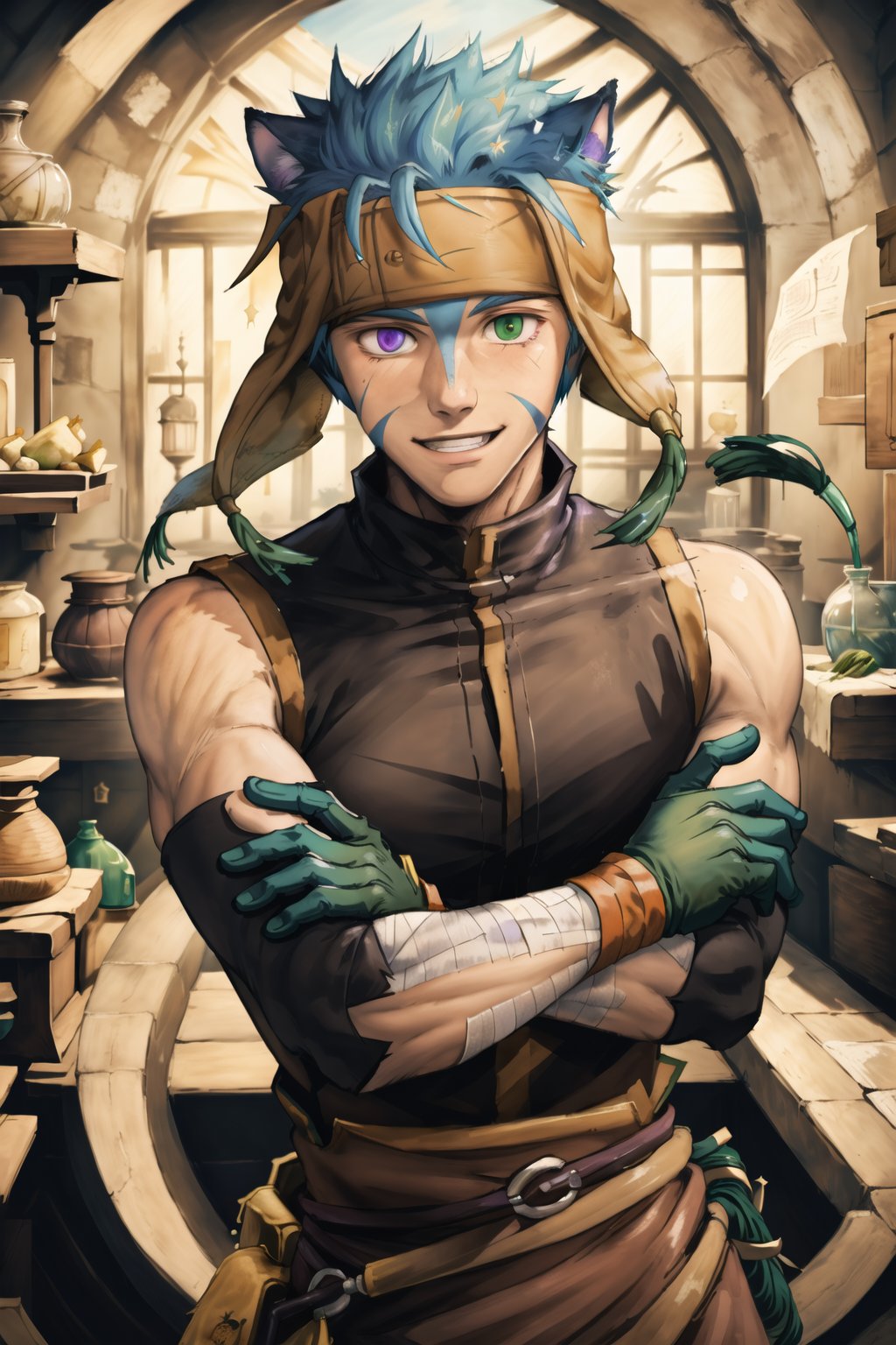 (masterpiece, best quality:1.2), , cowboy shot, solo, male focus, 1boy, ranulf, facial mark, smile, looking at viewer, crossed arms, headband, heterochromia, purple eyes, green eyes, sleeveless, (gloves:1.1), bandages,renaissance_alchemist_studio