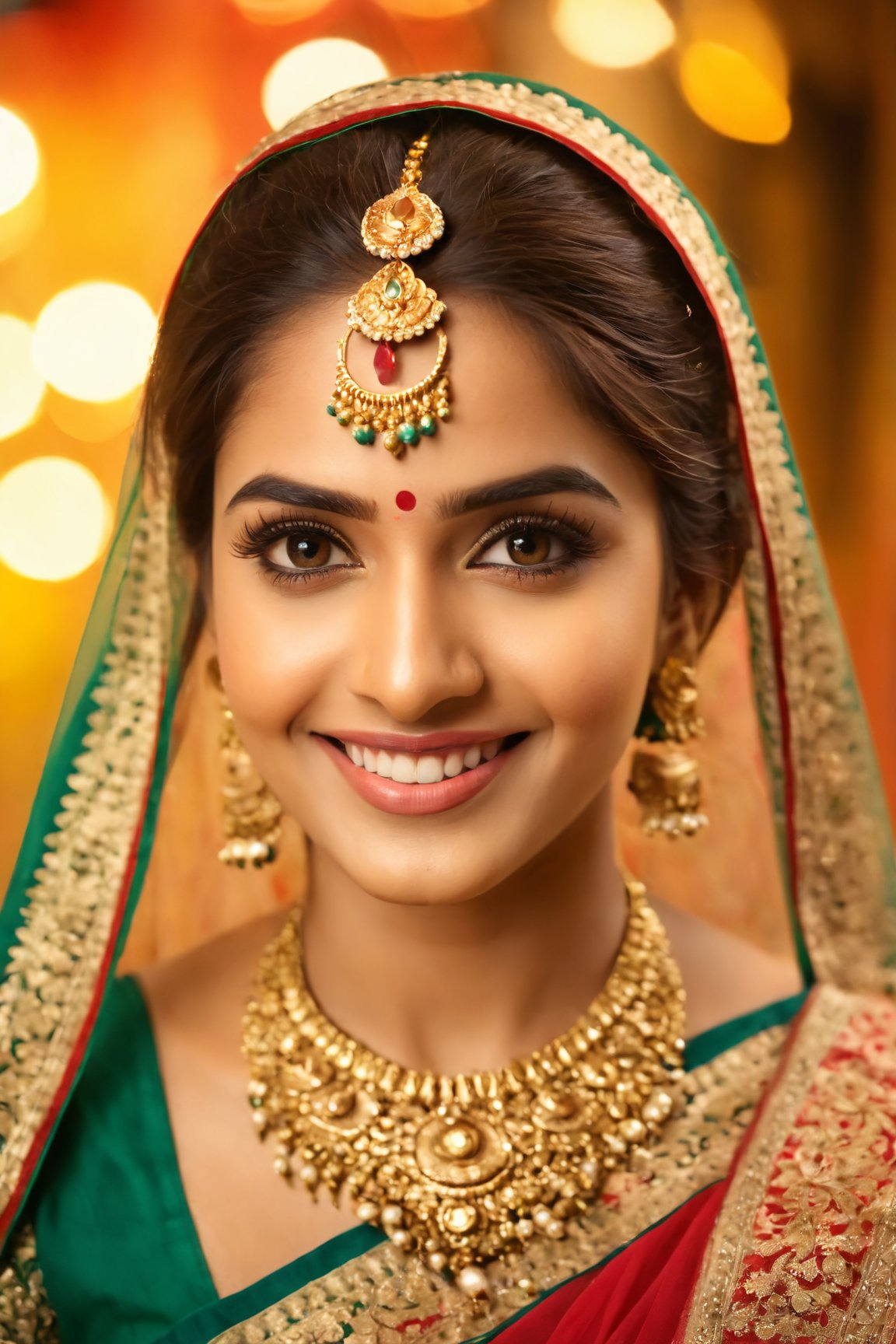 (best quality,4k,8k,highres,masterpiece:1.2),ultra-detailed,(realistic,photorealistic,photo-realistic:1.37),beautiful indian woman,close-up portrait,expressive eyes,long eyelashes,radiant smile,vibrant traditional attire,ornate jewelry,soft and glowing skin,subtle makeup,intricate henna design,graceful pose,golden hour lighting,colorful background,ethereal beauty,warm color tones,bokeh