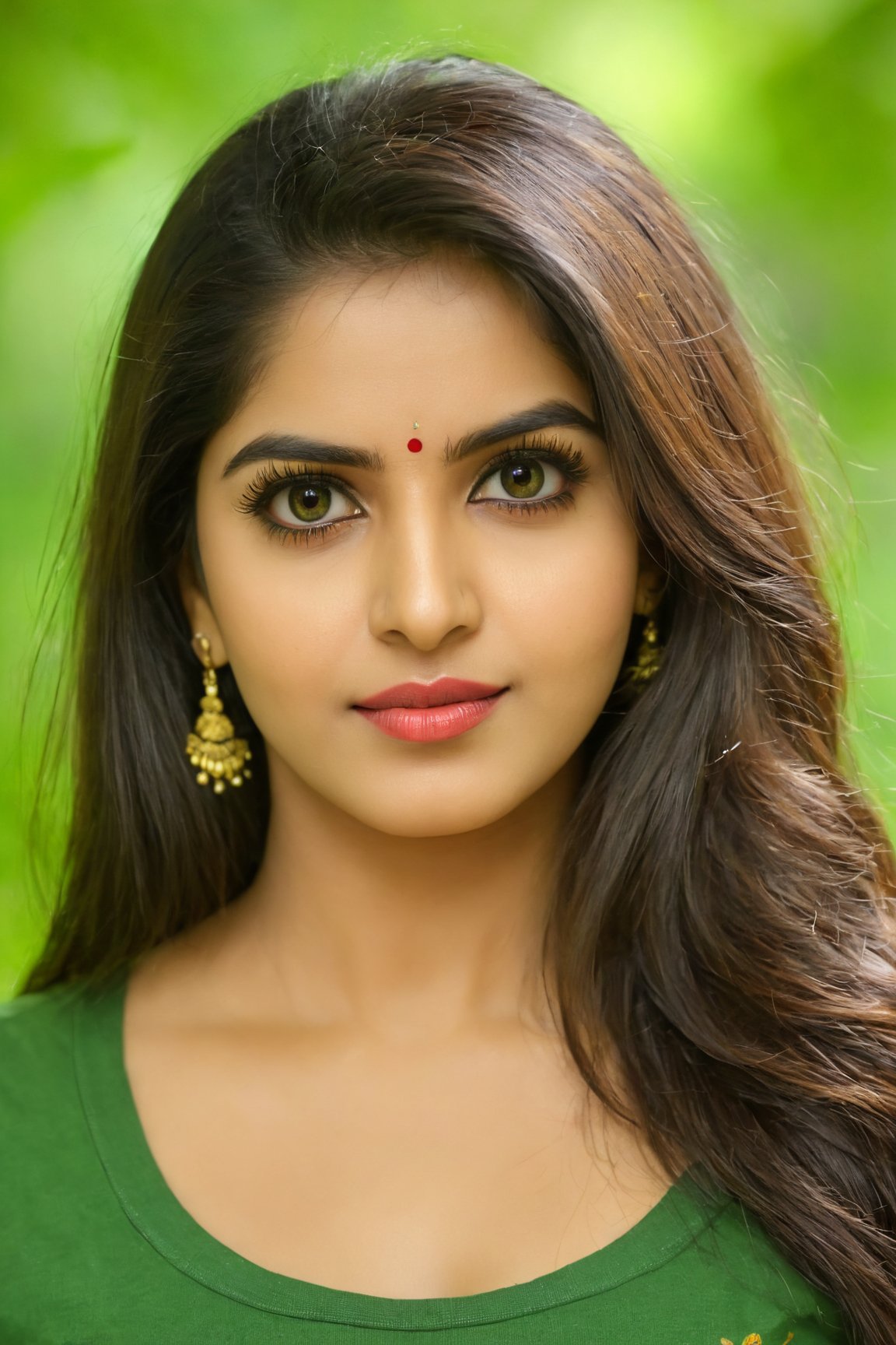 (best quality,4k,8k,highres,masterpiece:1.2), ultra-detailed, (realistic,photorealistic,photo-realistic:1.37), indian, woman, detailed eyes and face, beautiful detailed lips, long eyelashes, dark hair, tshirt, vibrant colors, natural lighting, lush green background, portrait