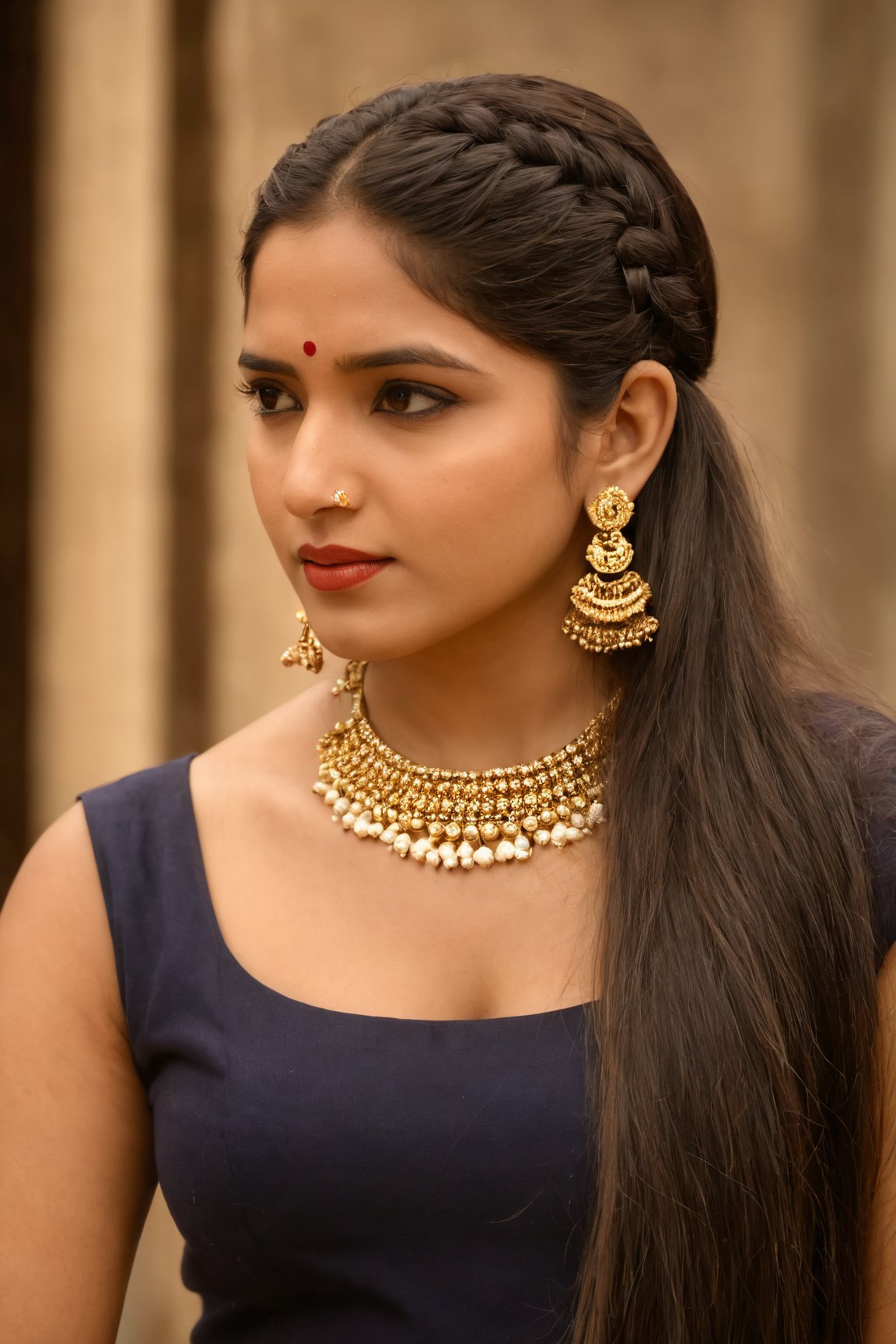 (best quality,4k,8k,highres,masterpiece:1.2),ultra-detailed,(realistic,photorealistic,photo-realistic:1.37),Indian,woman, long hair,black hair,dress,brown eyes,jewelry,upper body,braid,earrings,solo focus,necklace,mole,blurry,lips,looking to the side,blurry background,realistic,mole on cheek