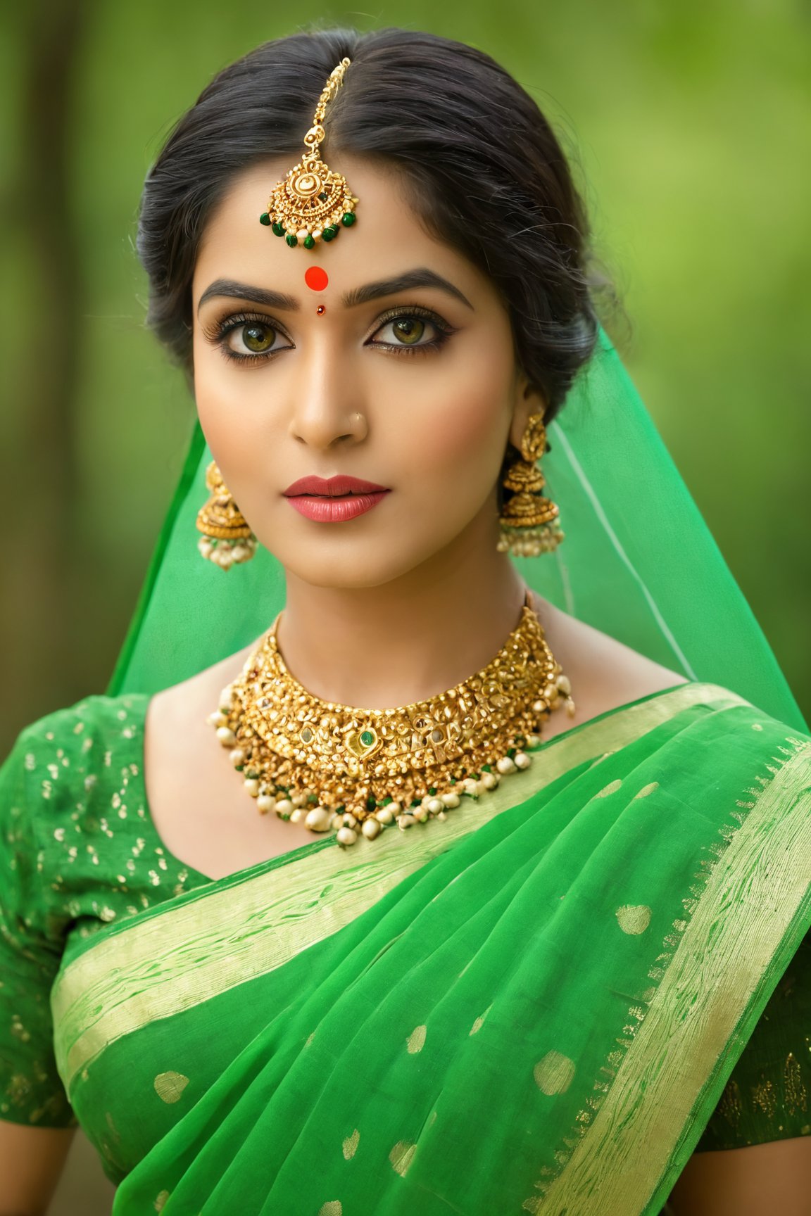 (best quality,4k,8k,highres,masterpiece:1.2),ultra-detailed,(realistic,photorealistic,photo-realistic:1.37),Indian,woman,detailed eyes,detailed lips,flowing black hair,traditional attire,vibrant colors,natural lighting,lush green background,ethereal atmosphere,subtle makeup,elegant jewelry,confident expression,traditional patterns