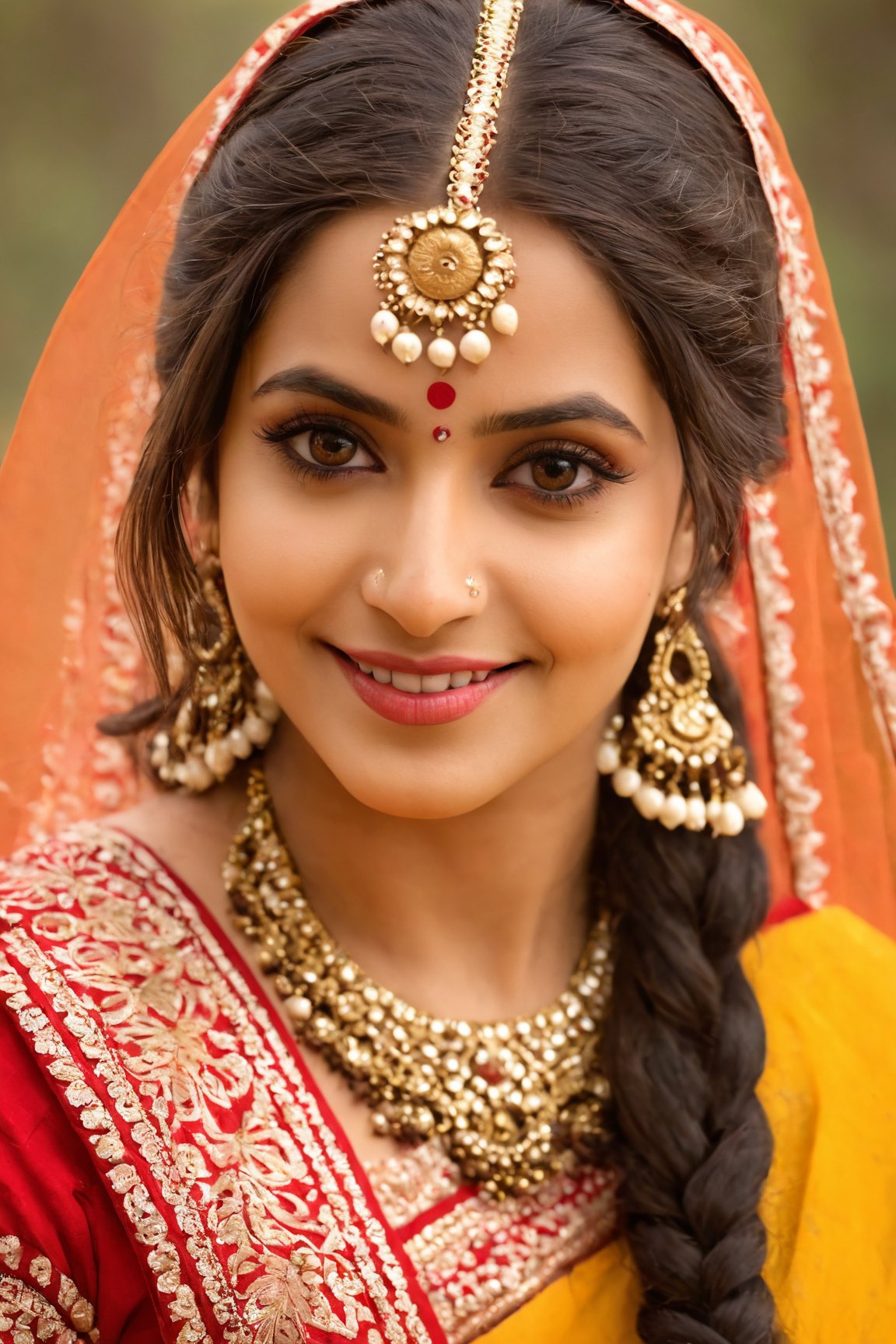 (best quality,4k,8k,highres,masterpiece:1.2),ultra-detailed,(realistic,photorealistic,photo-realistic:1.37),indian woman,beautiful detailed eyes,detailed nose,beautiful detailed lips,long black hair,brown skin,vibrant colors,natural lighting,outdoor background,portrait,traditional clothing,ornate jewelry,serene expression,soft breeze,graceful pose,Cultural elements,fine brush strokes,traditional indian patterns,harmonious color palette,feminine beauty,subtle smile,colored holi powders,dreamy atmosphere,foliage as backdrop,natural sunlight streaming,ethereal glow,exquisite detailing,her gaze speaks volumes,rich cultural heritage,daintily painted fingers,intricate mehendi patterns,sunset hues,radiant and confident,delicate features,red bindi,expressive eyes,midsummer festival attire,a riot of colors,pure and graceful