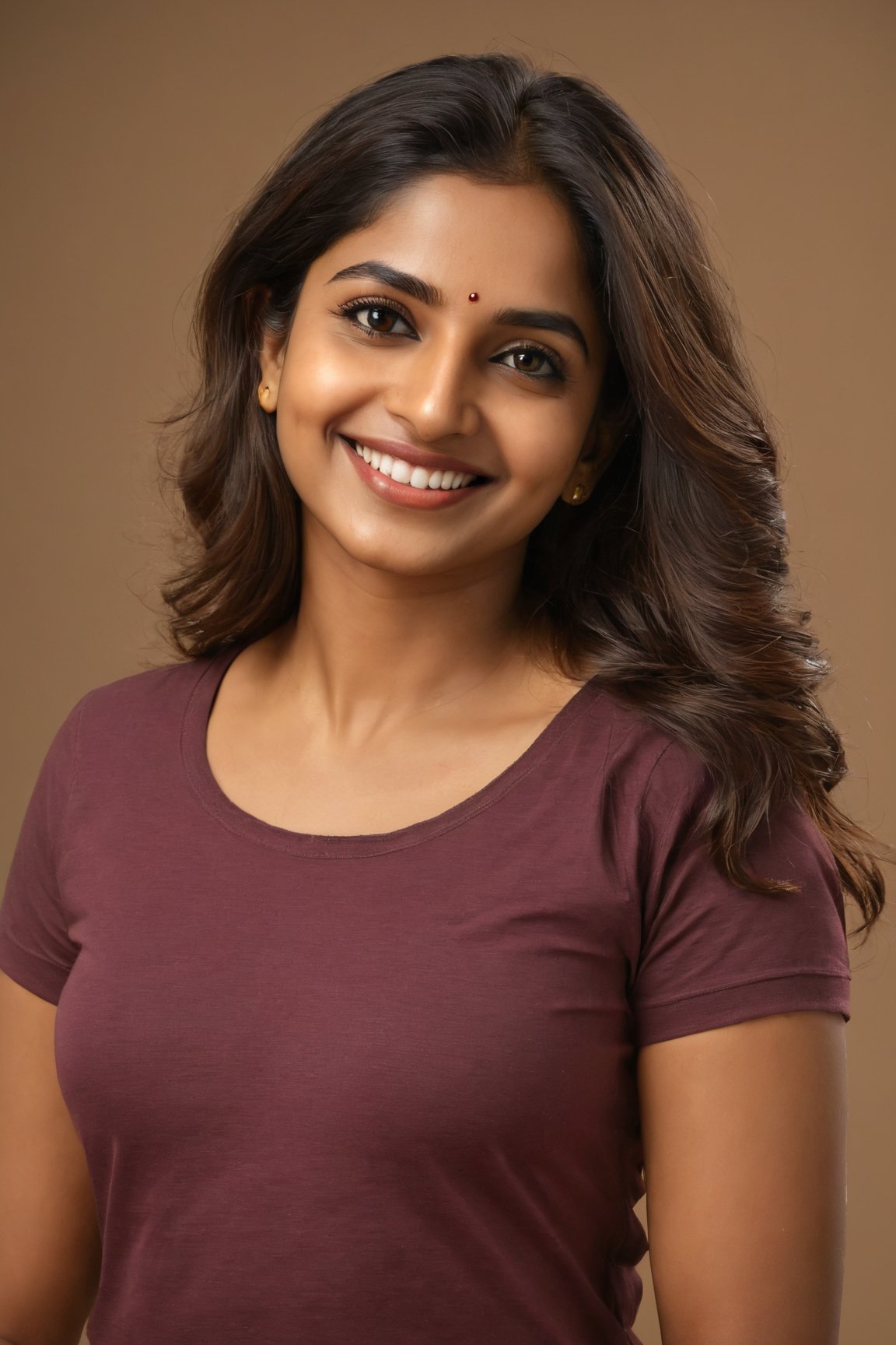 (best quality,4k,8k,highres,masterpiece:1.2),ultra-detailed,(realistic,photorealistic,photo-realistic:1.37),indian woman,brown skin,t-shirt,beautiful detailed eyes,beautiful detailed lips,long eyelashes,subtle smile,dark wavy hair flowing down her shoulders,confident expression,graceful posture,soft lighting,studio setting,neutral background,portraits,vivid colors