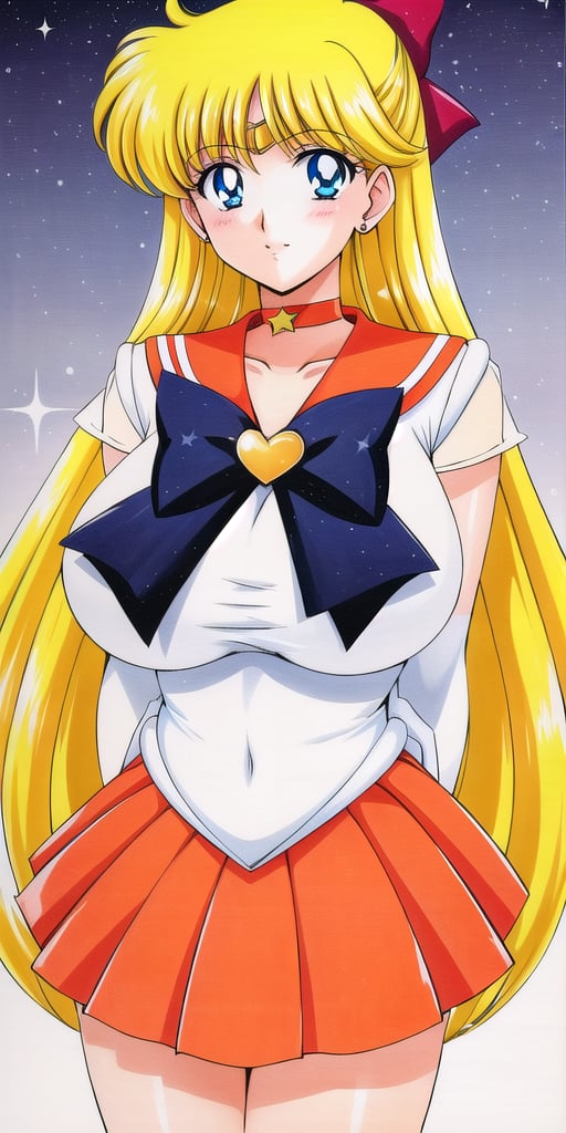 <lora:Aino_MinakoV4:0.7>, Aino_Minako, huge_breasts, arms_behind_back,  standing, solo, White_leotard_Orange_sailor_collar_Orange_miniskirt_White_gloves_Star_choker_Blue_bowtie_Yellow_back_bow_Circlet_Heart_brooch_See-through_sleeves, masterpiece, best_quality, detailed_face, detailed_eyes, highres, beautiful, detailed, absurdres,