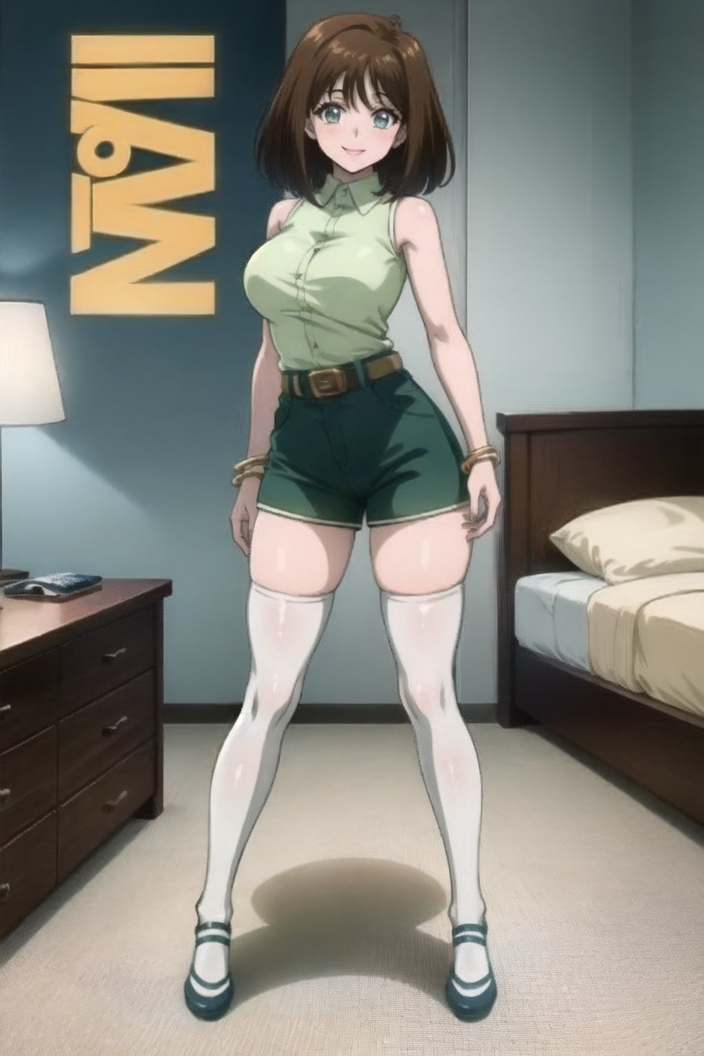 ((masterpiece))  ((4k)) ((high quality))

 1girl tea ,solo ,looking at the viewer whole body ,large breasts, green shirt, smile, sleeveless, young teen bangs  bracelet,light blue belt,tight navy green shorts, white thigh highs,standing,happy, zettai ryouiki, (brown hair), blue shoes plataform shoes  yellow collared shirt.

((cover magazine))
((erotic pose))
hotel room, full body 