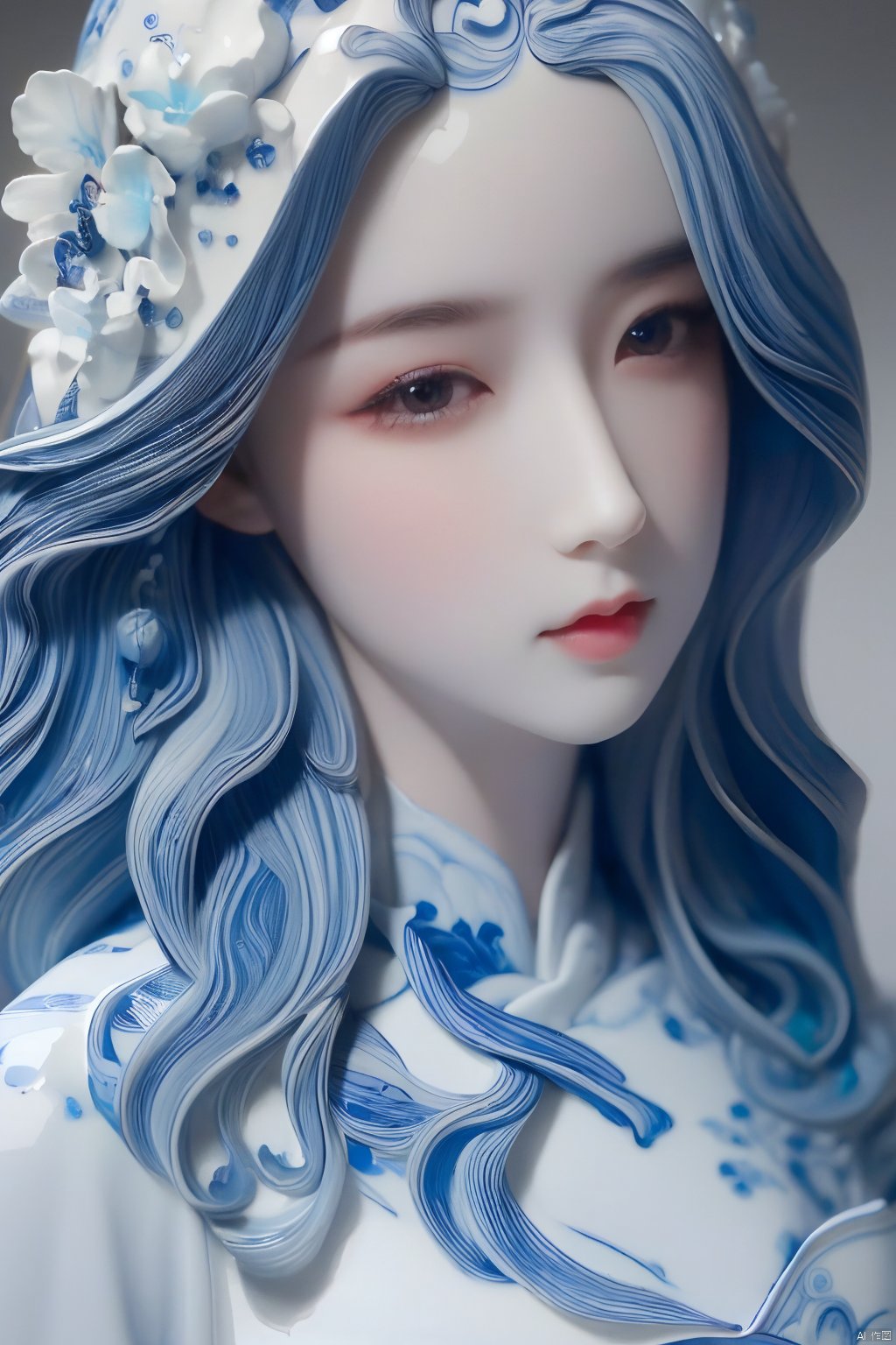  1girl, detailed,surreal gradient contemporary,nature,photography,portraits,Handicrafts,(Porcelain girl:1.2),Porcelain people, black hair,Art,Handicrafts,