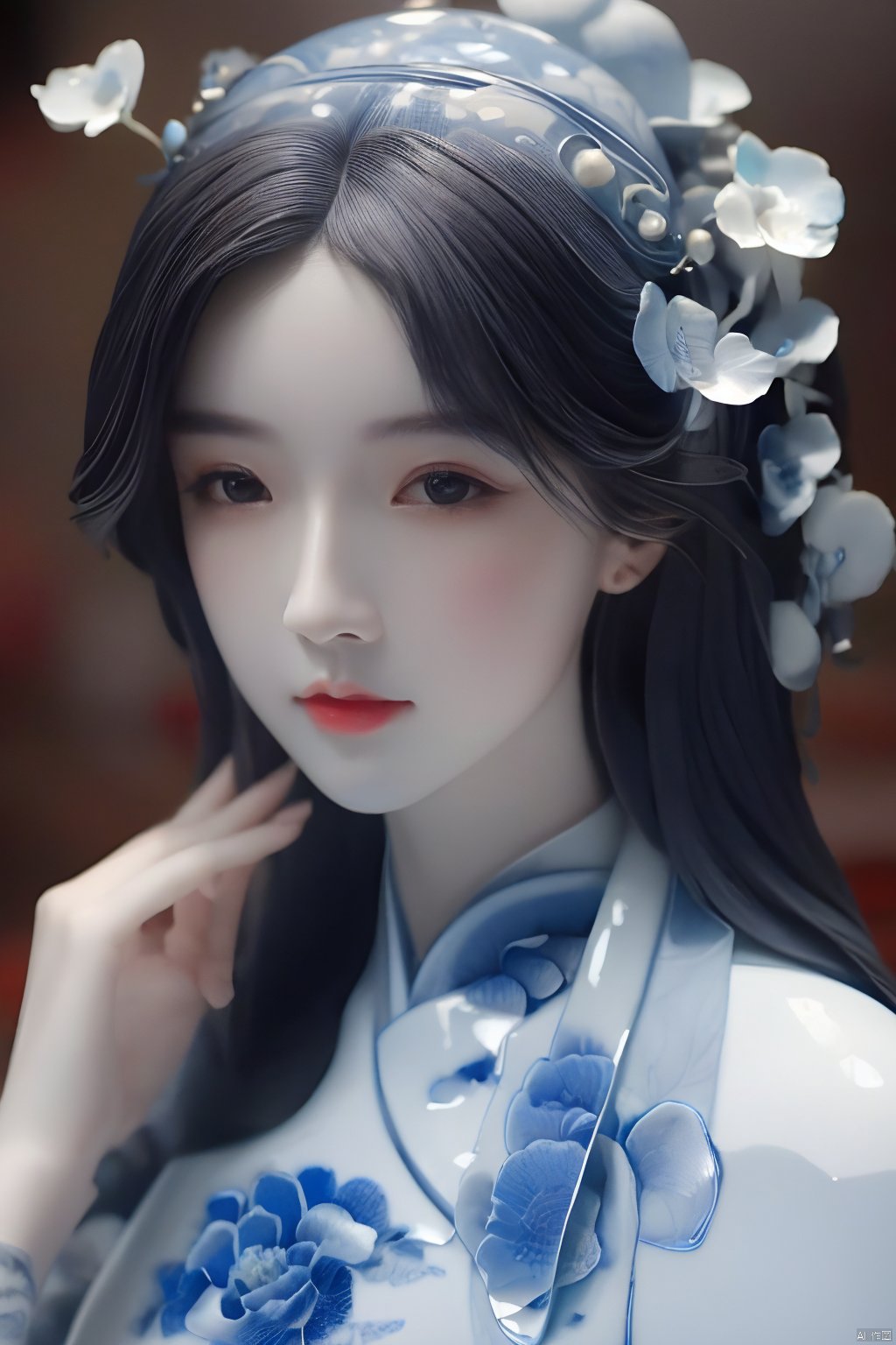  1girl, detailed,surreal gradient contemporary,nature,photography,portraits,Handicrafts,(Porcelain girl:1.2),Porcelain people, black hair,Art,