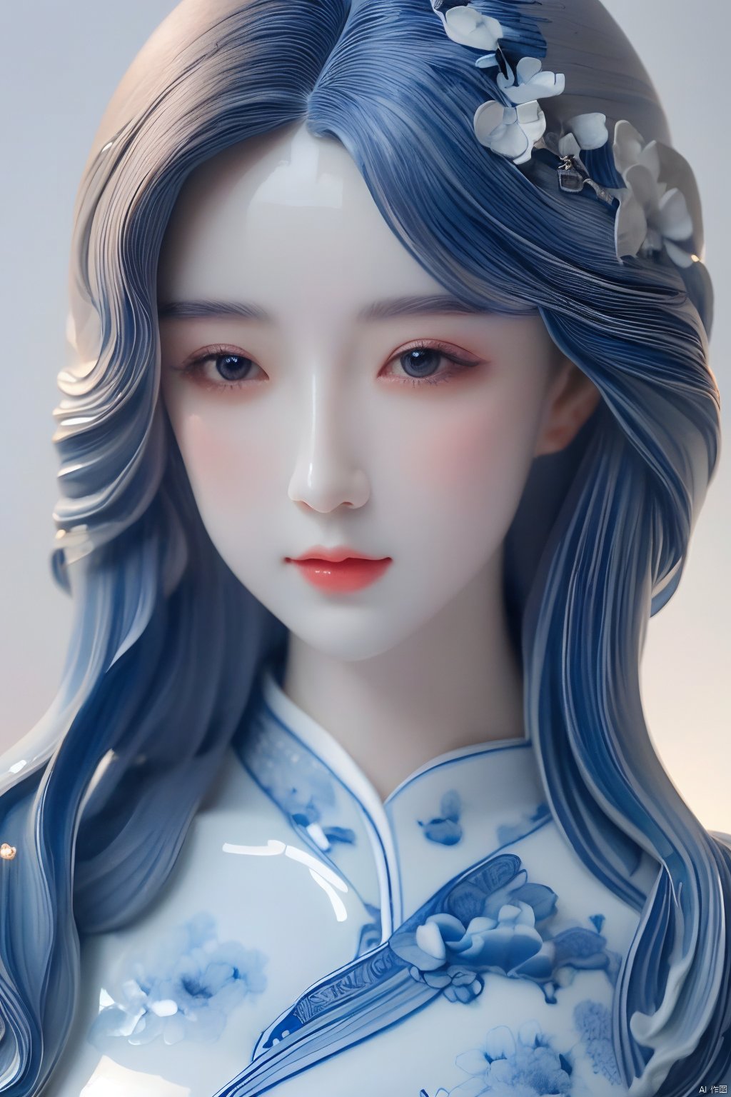  1girl, detailed,surreal gradient contemporary,nature,photography,portraits,Handicrafts,(Porcelain girl:1.2),Porcelain people, black hair,Art,Handicrafts,