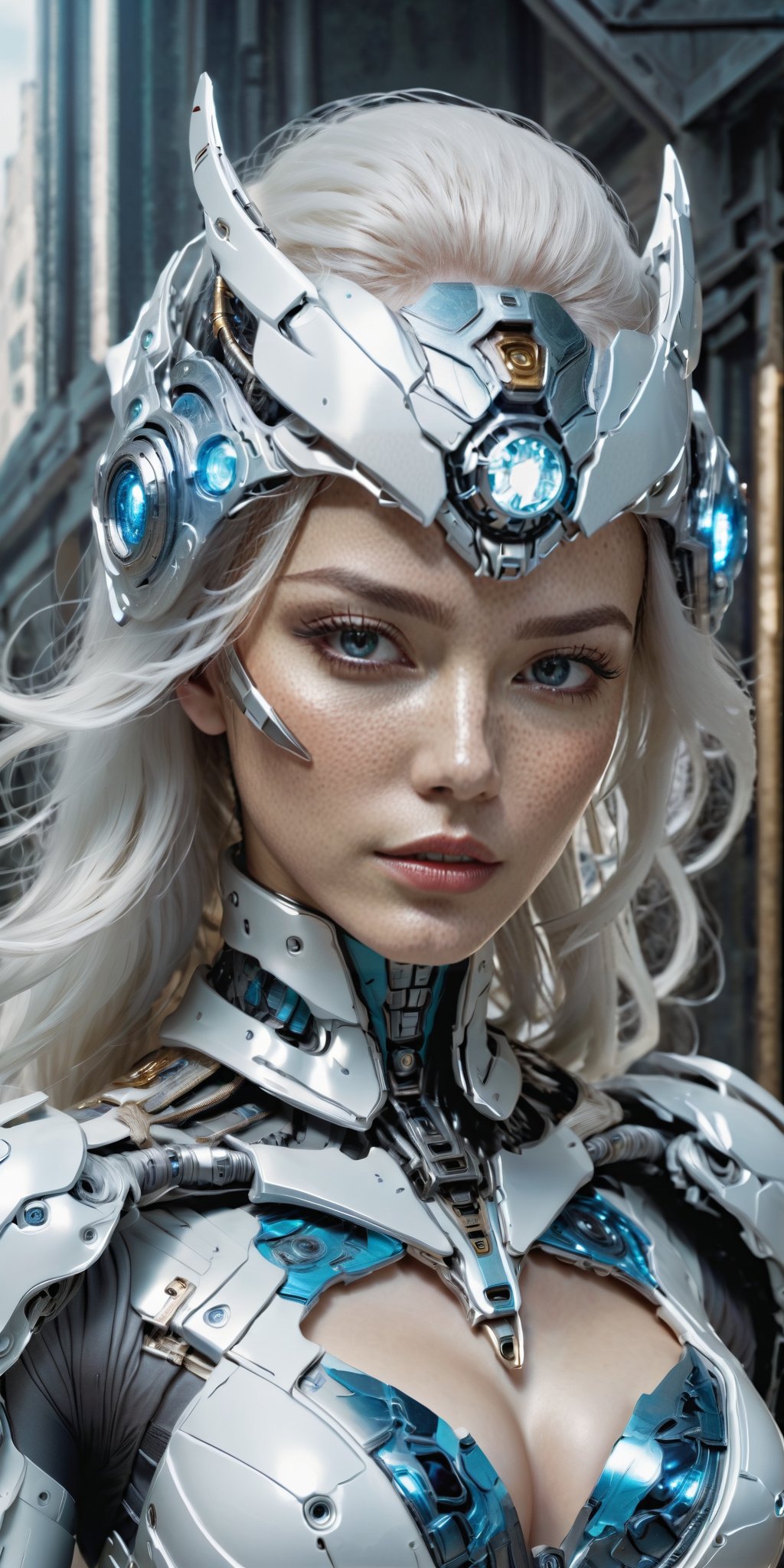 Best picture quality, high resolution, 8k, realistic, sharp focus, realistic image of elegant lady, Korean beauty, supermodel, pure white hair, blue eyes, wearing high-tech cyberpunk style blue Batgirl suit, radiant Glow, sparkling suit, mecha, perfectly customized high-tech suit, ice theme, custom design, 1 girl,mecha