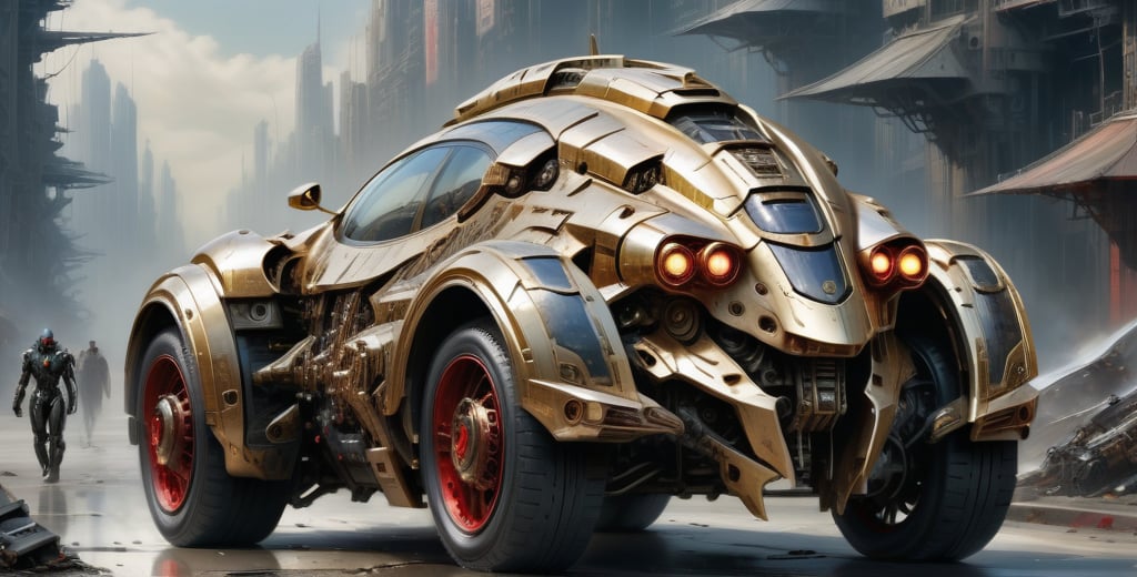 fighter jets, scifi, luxurious,  cyberpunk, car on a highway ,luxtech, luxurious,mecha,gold and red_trim and flat black, cyberpunk, photorealistic,mecha musume,MECHA