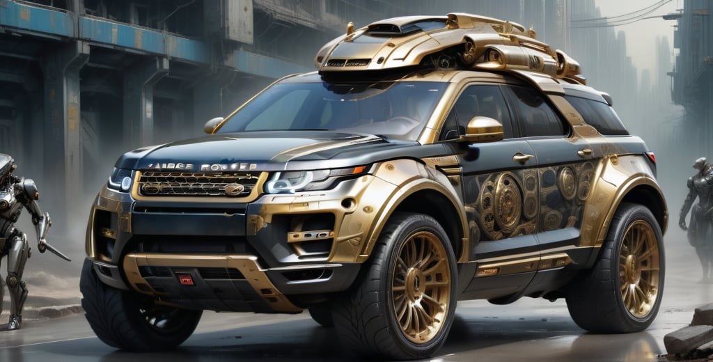 Land Rover, scifi, luxurious,  cyberpunk, car on a highway ,luxtech, luxurious,mecha,gold_trim and flat black, cyberpunk, photorealistic,mecha musume,MECHA