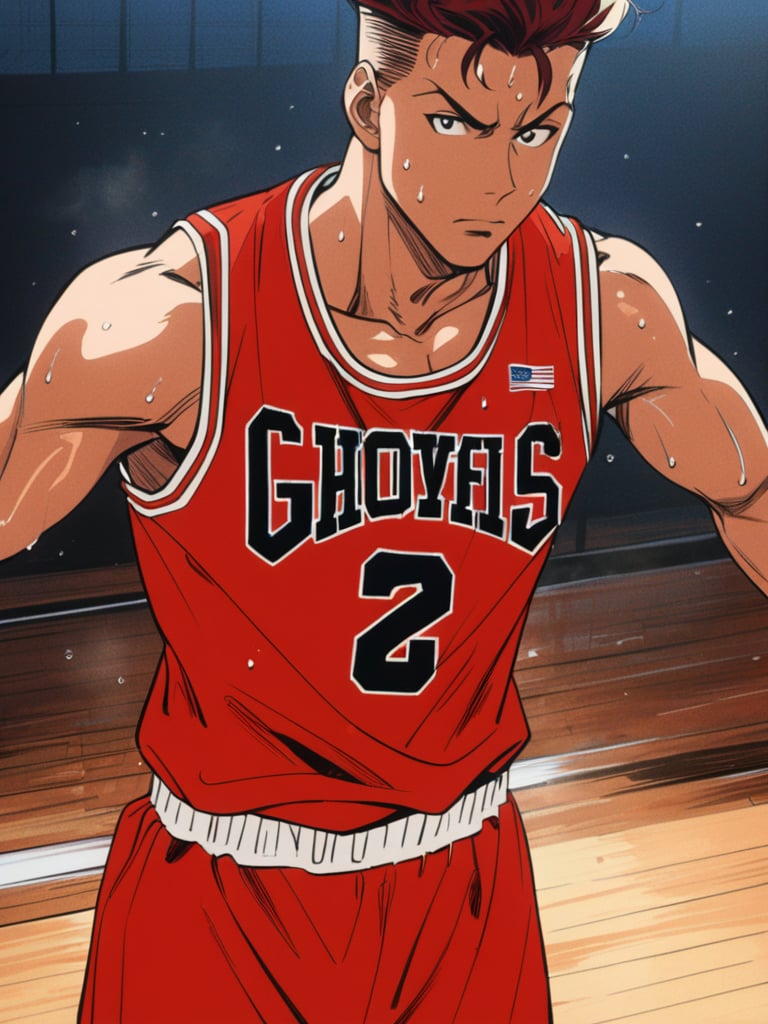 (ry0tamiyagi), serious, red basketball uniform, holding, basketball, wooden floor, sweat, cowboy shot, ultra high definition, masterpiece, best quality, 1080p, retro artstyle