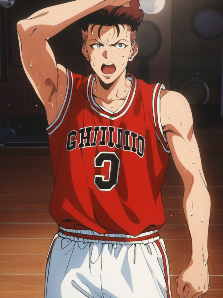 (ry0tamiyagi), shouting, red basketball uniform, sweat, wooden floor, holding one finger up, arms up, skinny fit build, ultra high definition, masterpiece, best quality, 1080p, retro artstyle