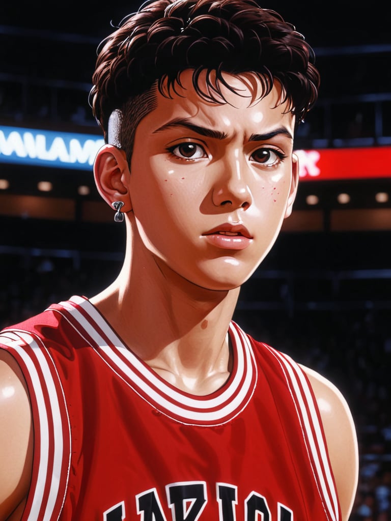 (ry0tamiyagi), close up, serious, dark brown hair, pierced ear, red basketball uniform, sweat, skinny fit build, ultra high definition, masterpiece, best quality, 1080p