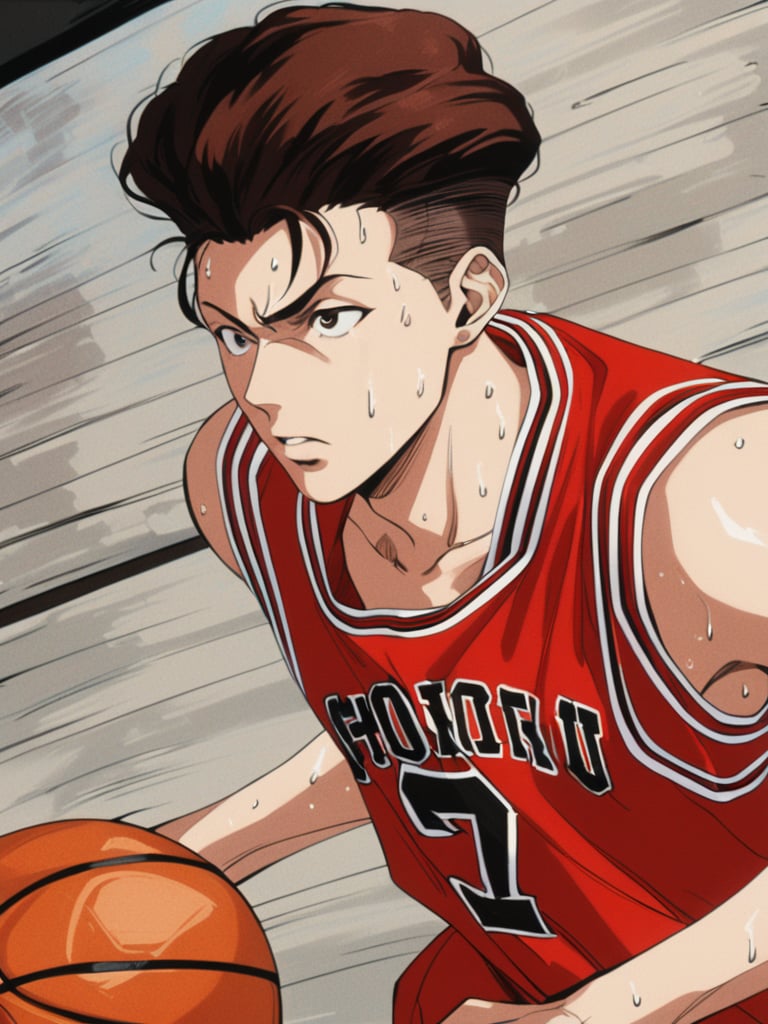 (ry0tamiyagi), serious, red basketball uniform, sweat, wooden floor, skinny fit build, running, motion blur, holding basketball, 2boys, BREAK, white uniform, defending, ultra high definition, masterpiece, best quality, 1080p, retro artstyle